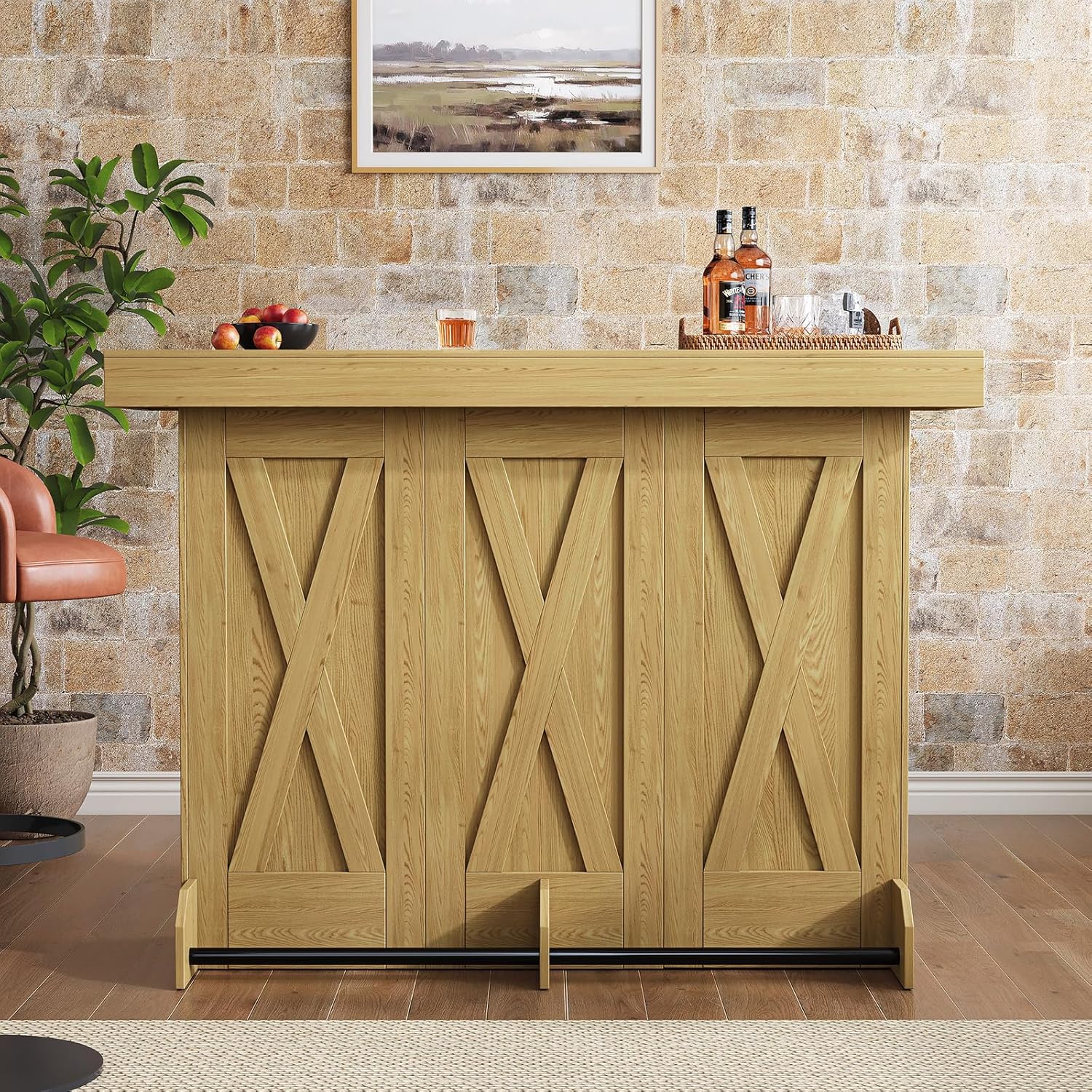 55.12 Inch Bar Table, Farmhouse 2-Tier Home Bar Unit with Black Footrest, Mini Bar Indoor Bar Counter for Home Kitchen, Dining Room, Bistro