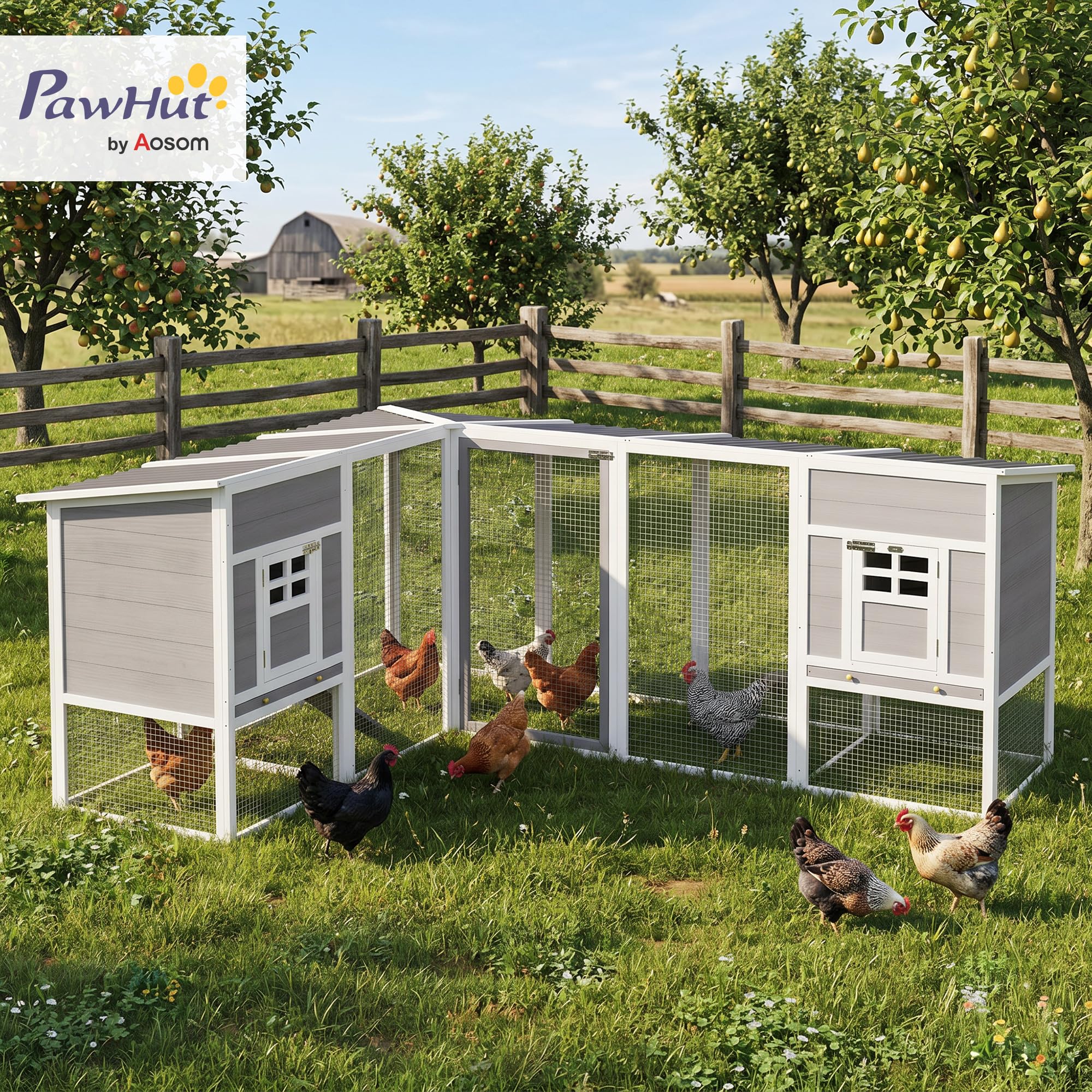 PawHut Gallinero de Madera Grande Exterior, Jaula para Gallinas en L para Esquina, 2 Nidos, Corral, Bandejas Extraíbles, Techo de Pet, Rampas, 251x192x103 cm, Gris