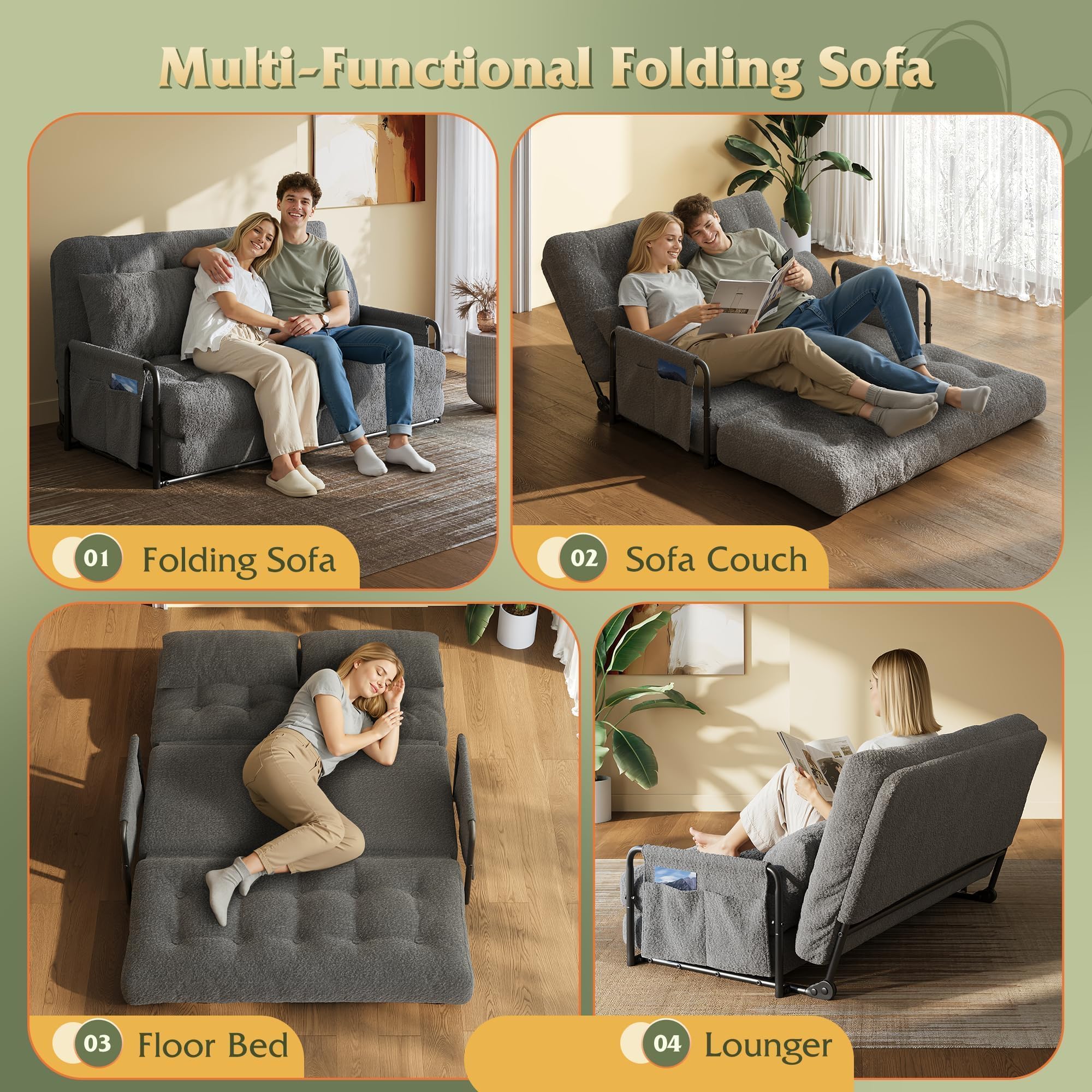 WLIVE Futon Sofa Bed, Floor Chair with Adjustable Backrest, Bean Bag Bed for Adults, with Armrest, Pillow, Low Profile for Living Room, Reading, Bedroom, Loveseat, Grey