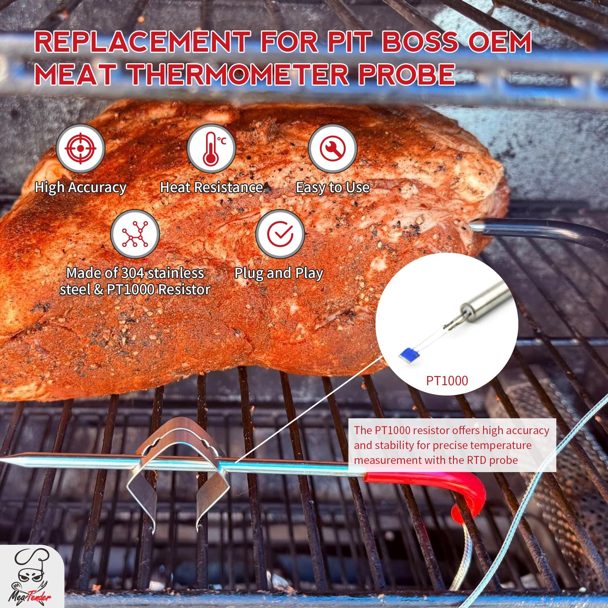 Fleischtemperatursonden-Ersatz, kompatibel mit Pit Boss Pelletgrills, 3,5 mm Stecker PT1000 wasserdichter Temperatursensor (537.8 °C Hitzebeständigkeit)