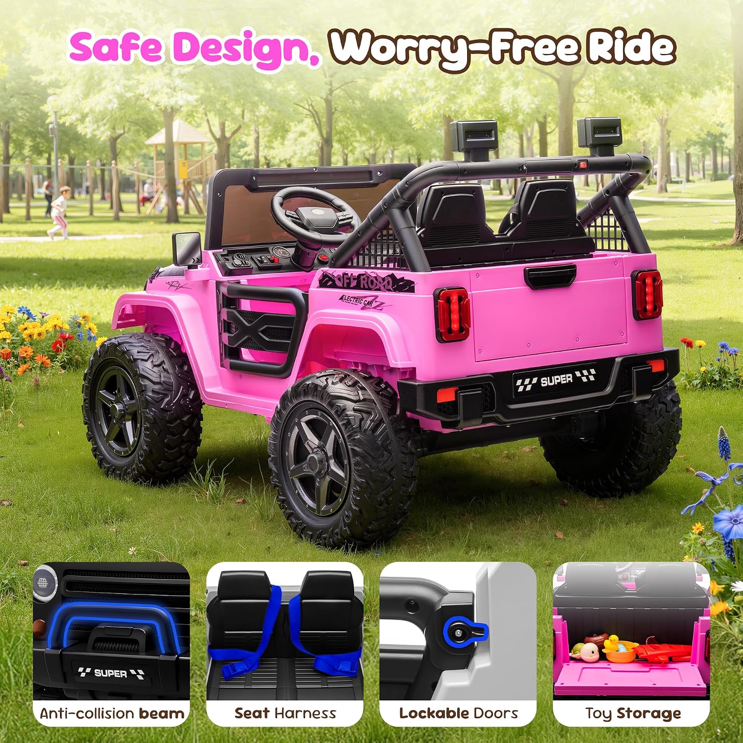 2 Seater Ride on Toy Car for Kids, 24V 4x4 Ride-on Truck Kids Electric Car w/Remote Control, 4x100W Motors - 132 lbs Load Capacity, Hot Pink