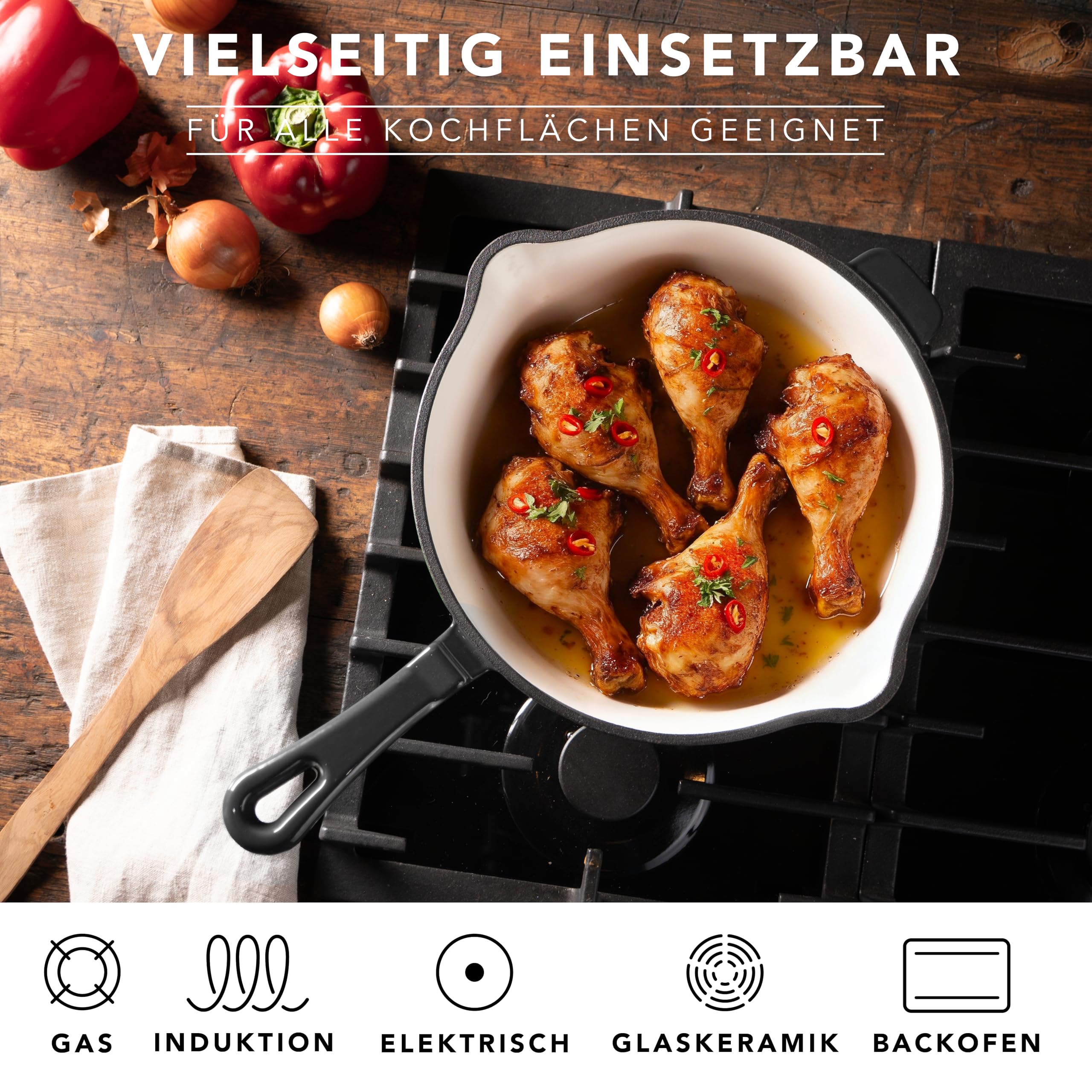 Römertopf Gusseisen Bratpfanne 28 cm emailliert für Induktion, Anthrazit