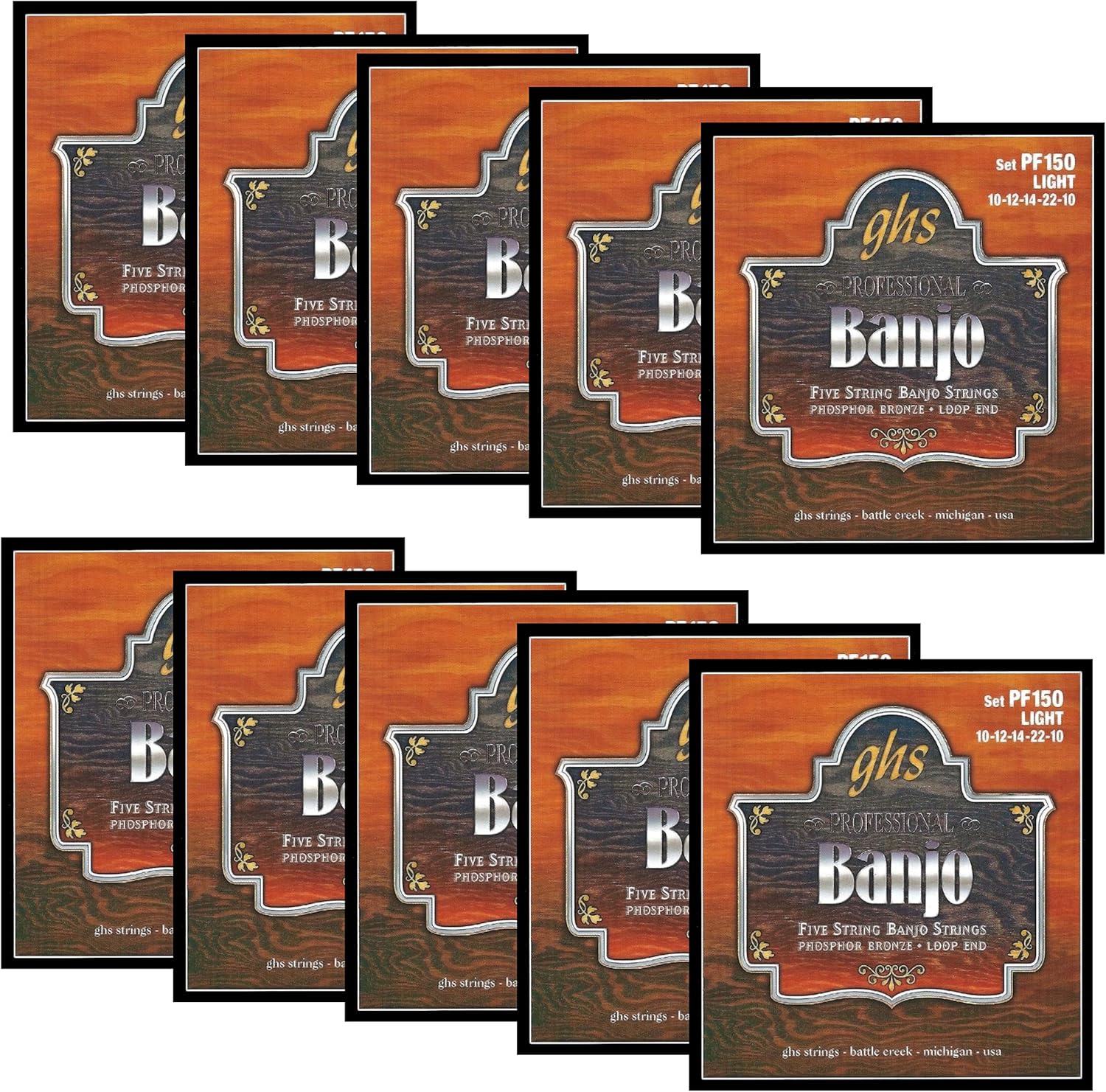 GHS Strings PF150-10 PACK - 5-String Banjo Strings, Phosphor Bronze, Light (10-22), Pack of 10