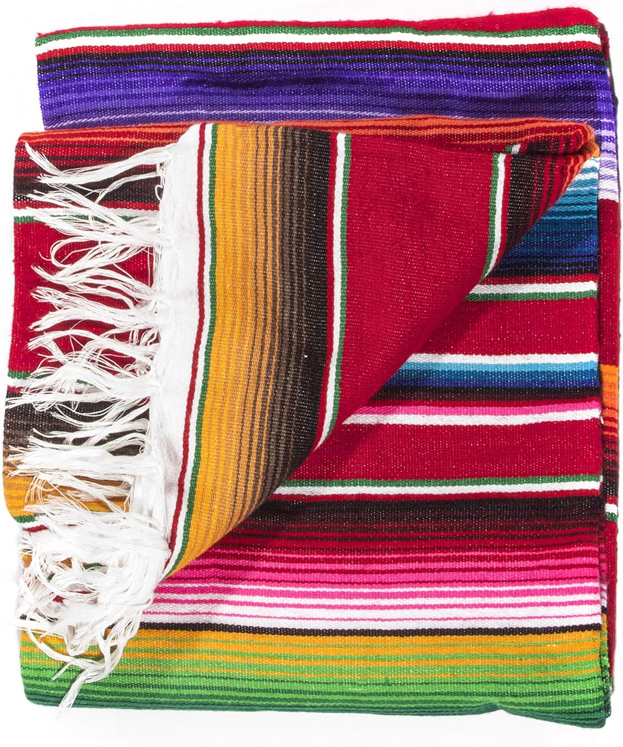 Del Mex Authentic Mexican Serape Blanket – Extra Large 82" x 58" Handwoven Traditional Tablecloth – Thick Throw for Beach, Yoga, Camping, and Home Decor – Made in Mexico (Red)