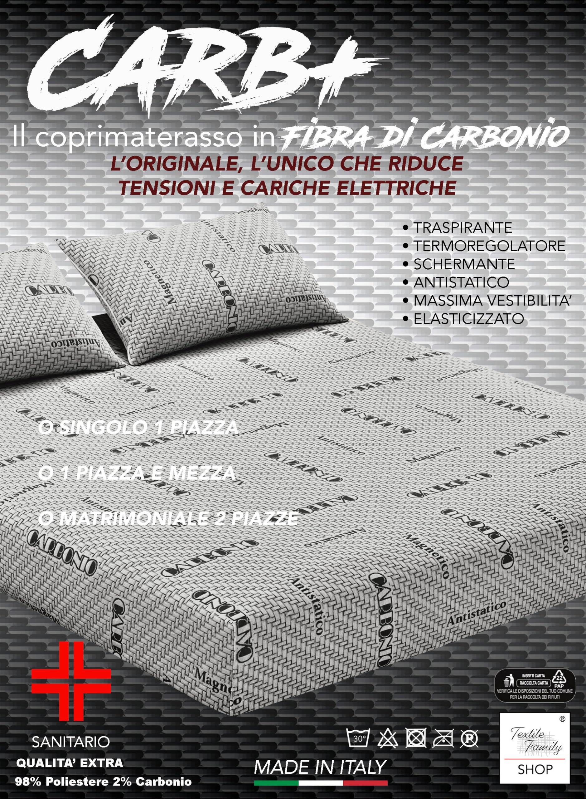 Tex family - Coprimaterasso CARB Plus | Fibra di Carbonio | Antistatico | Termoregolatore | Antiodore | Scherma Campi Elettromagnetici, 2 Piazze, Poliestere