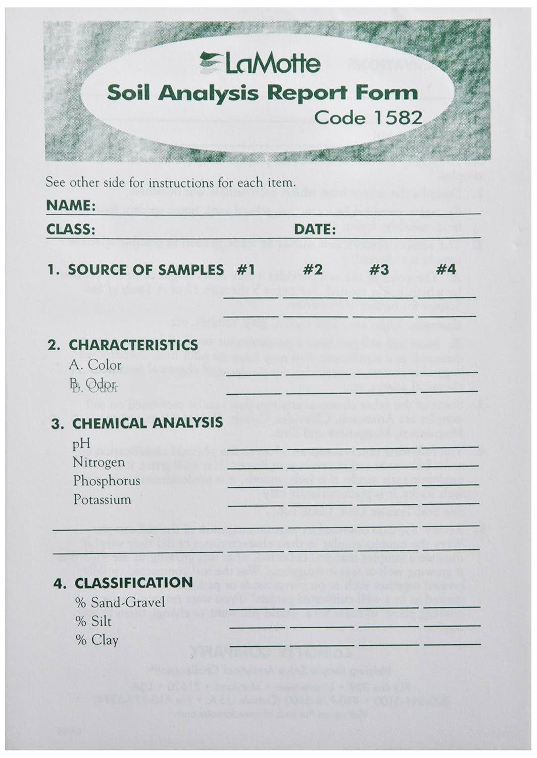 LaMotte 1582 Pad of Soil Analysis Report Forms, 25 Forms per Pad