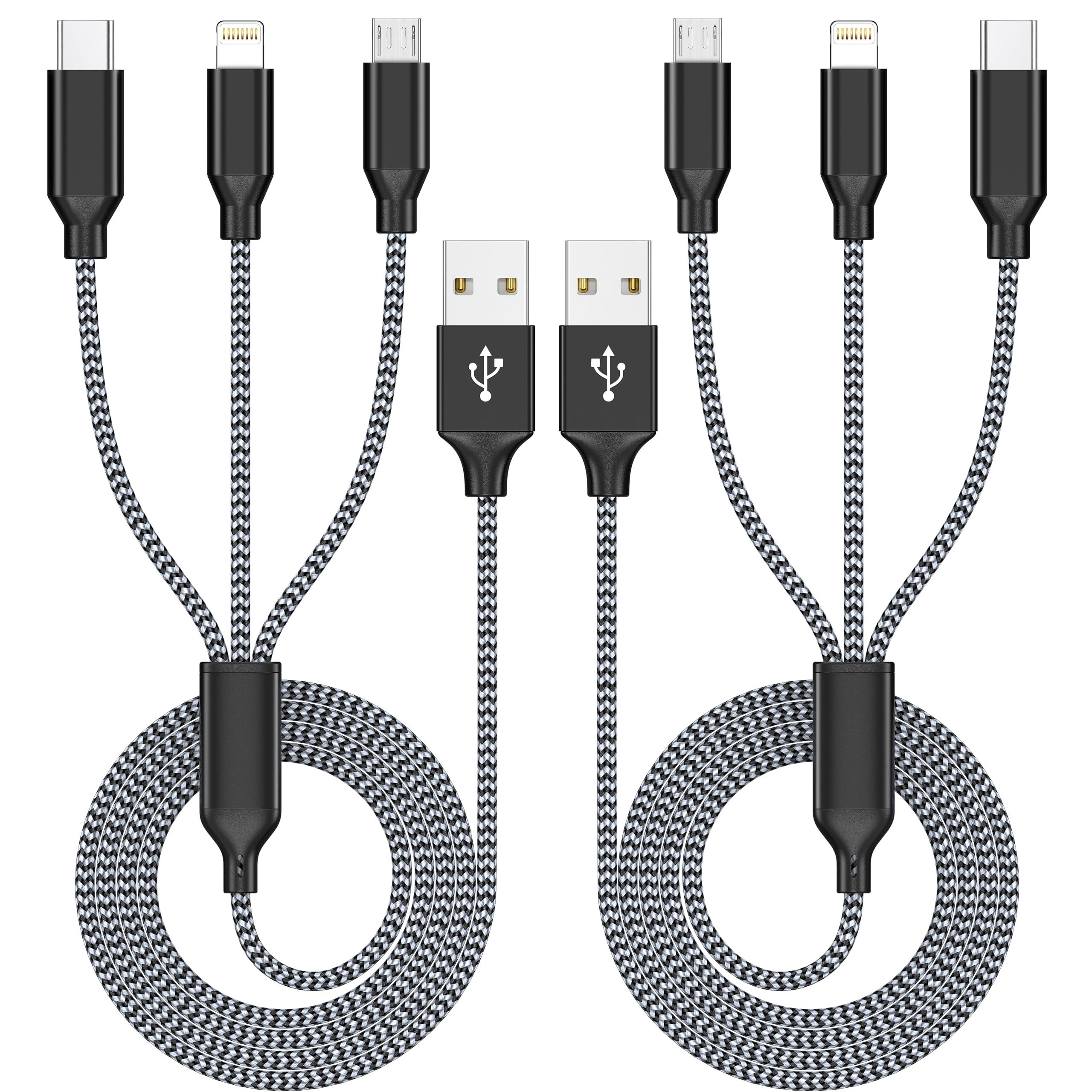 Multiple Charger Cable 4ft 2Pack Multi Charging Cord Apple MFi Certified iPhone Charger 3 in 1 Lightning Cable USB Phone Fast Charging Wire with Type C Micro Lightning