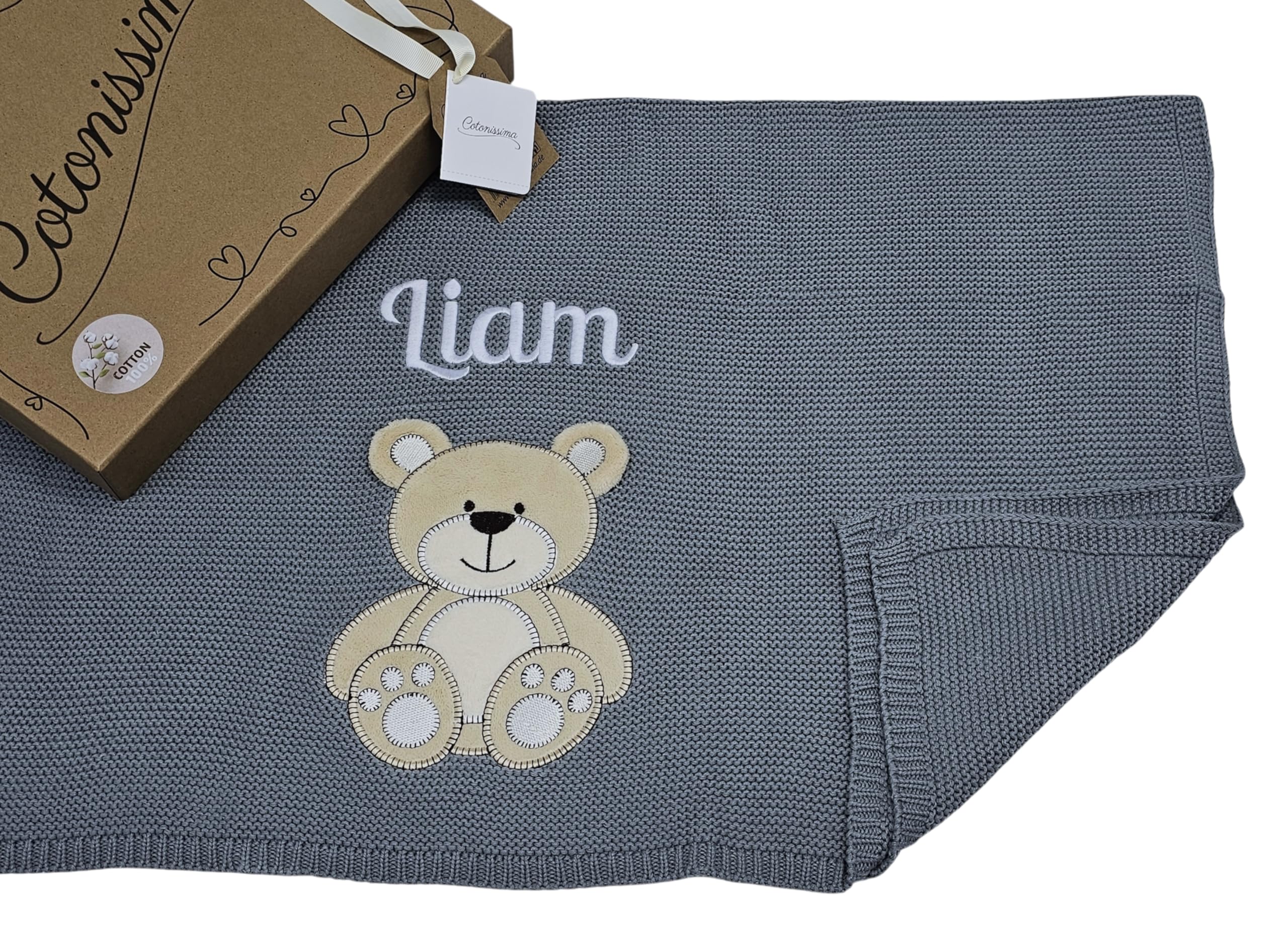 KIDDI-MEDIA Hochwertige Babydecke mit Namen und Geburtsdatum aus 100% Baumwolle/in representativer Geschenkbox/zur Taufe, Geburt, Babyparty, auch als Überwurfdecke (Anthrazit Bär)
