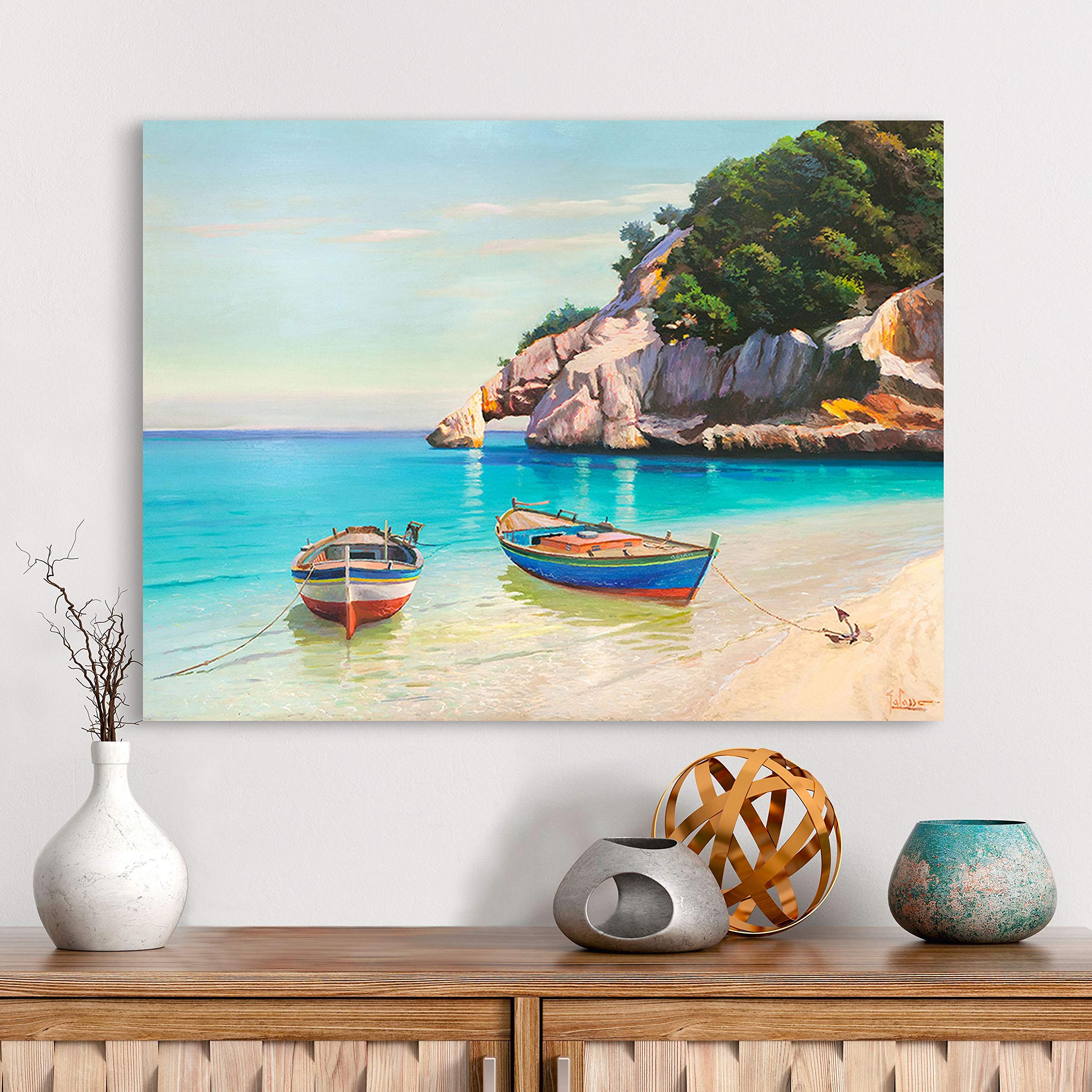 ART PRINT CAFE' Stampa su tela: Barche nella caletta, Sardegna, 100x70 | Quadro mare Adriano galasso