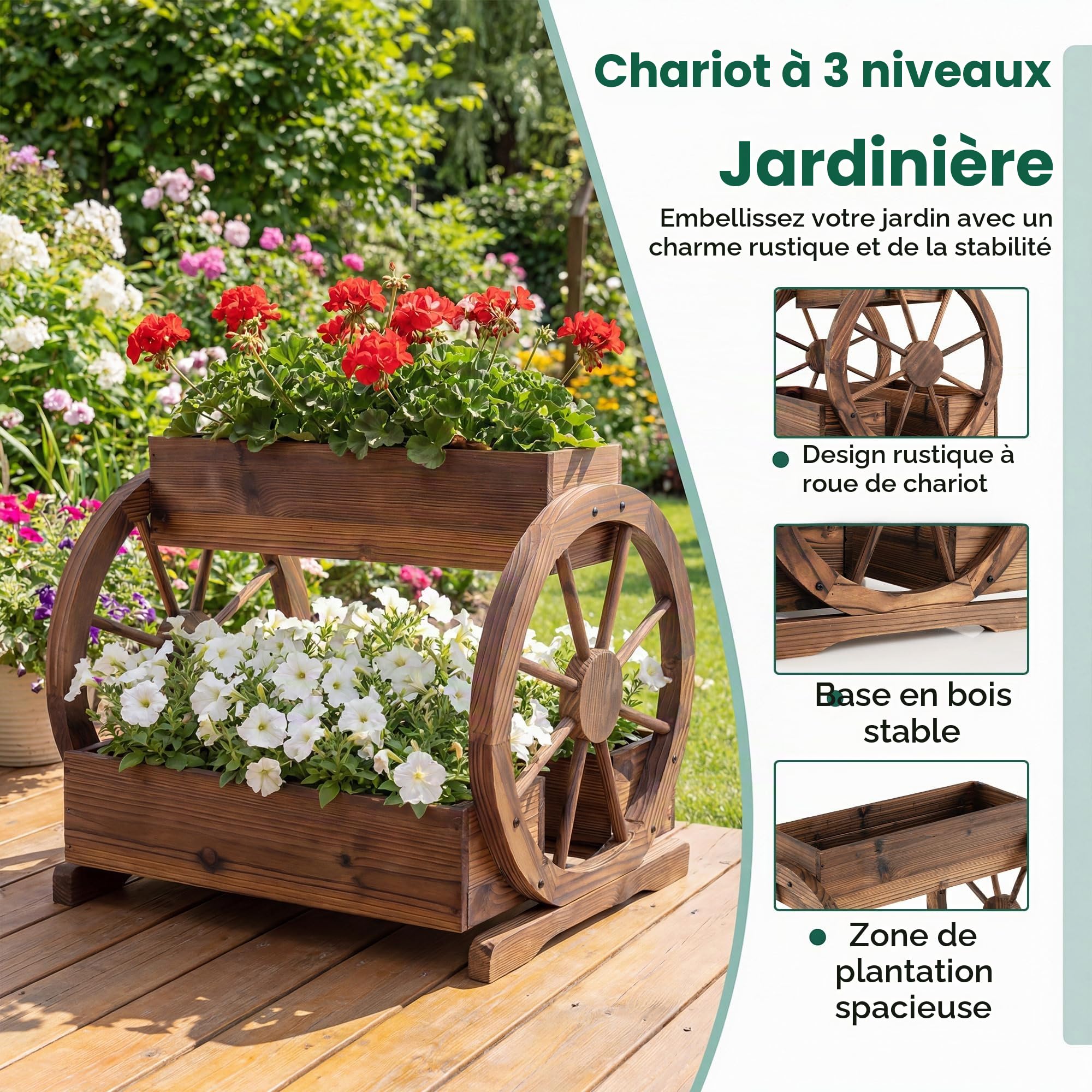 HOMASIS Jardinière Surélevée à 2/3 Niveaux en Bois, Bacs à Fleurs en Forme de Chariot avec roulettes, Trous de Drainage et Gants, pour Jardin, Balcon, Terrasse, Marron (61,5 x 55 x 59 cm)