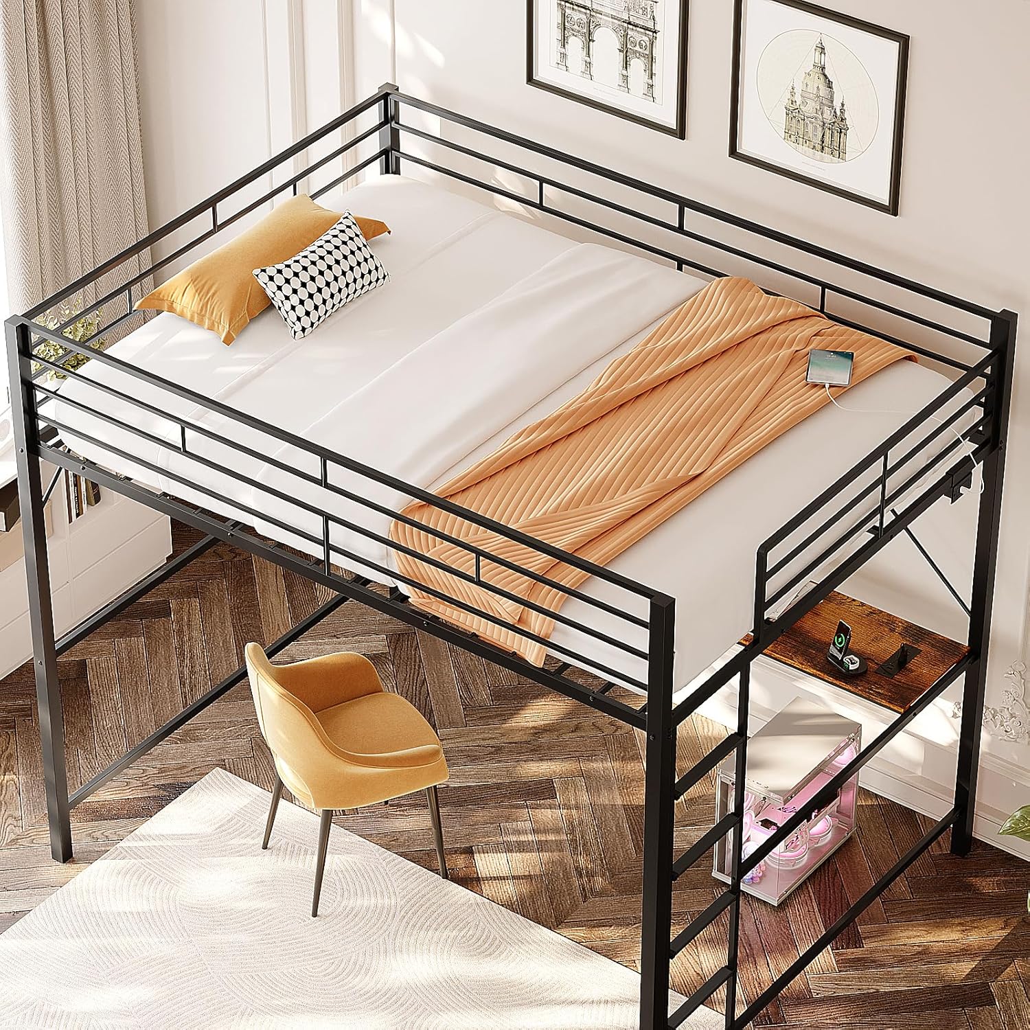 VINGLI Loft Bed Full Size with 15 Inches Extra Tall Guardrail, LED Lights and Desk Underneath, Industrial Metal Double High Sleeper with 2 Charging Stations and Flat Rung Steps, Space Saving,Black