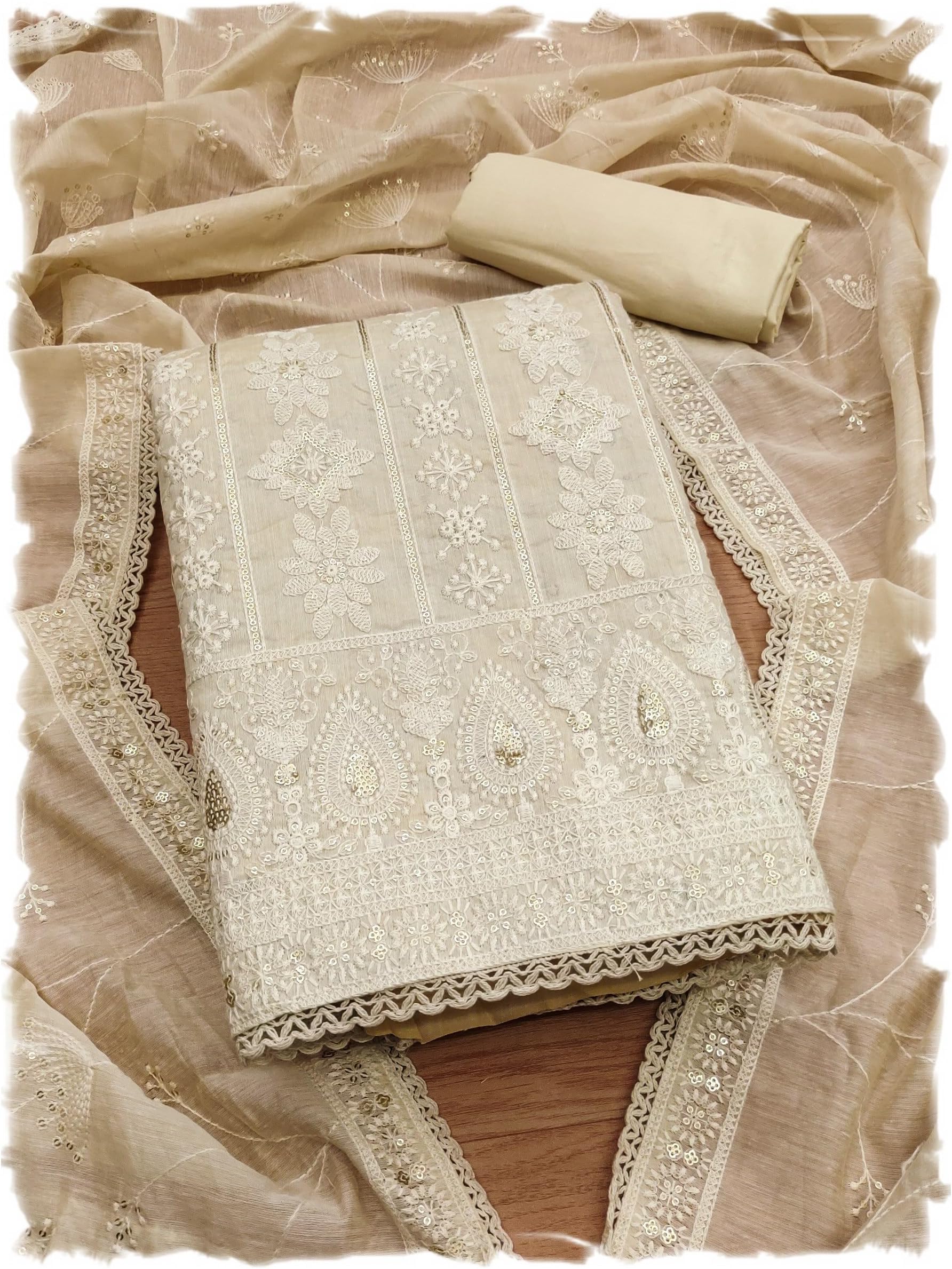 Women's Elegant Lucknowi Work with Modal Cotton Chanderi and Embroidered Dupatta Unstitched Dress Material