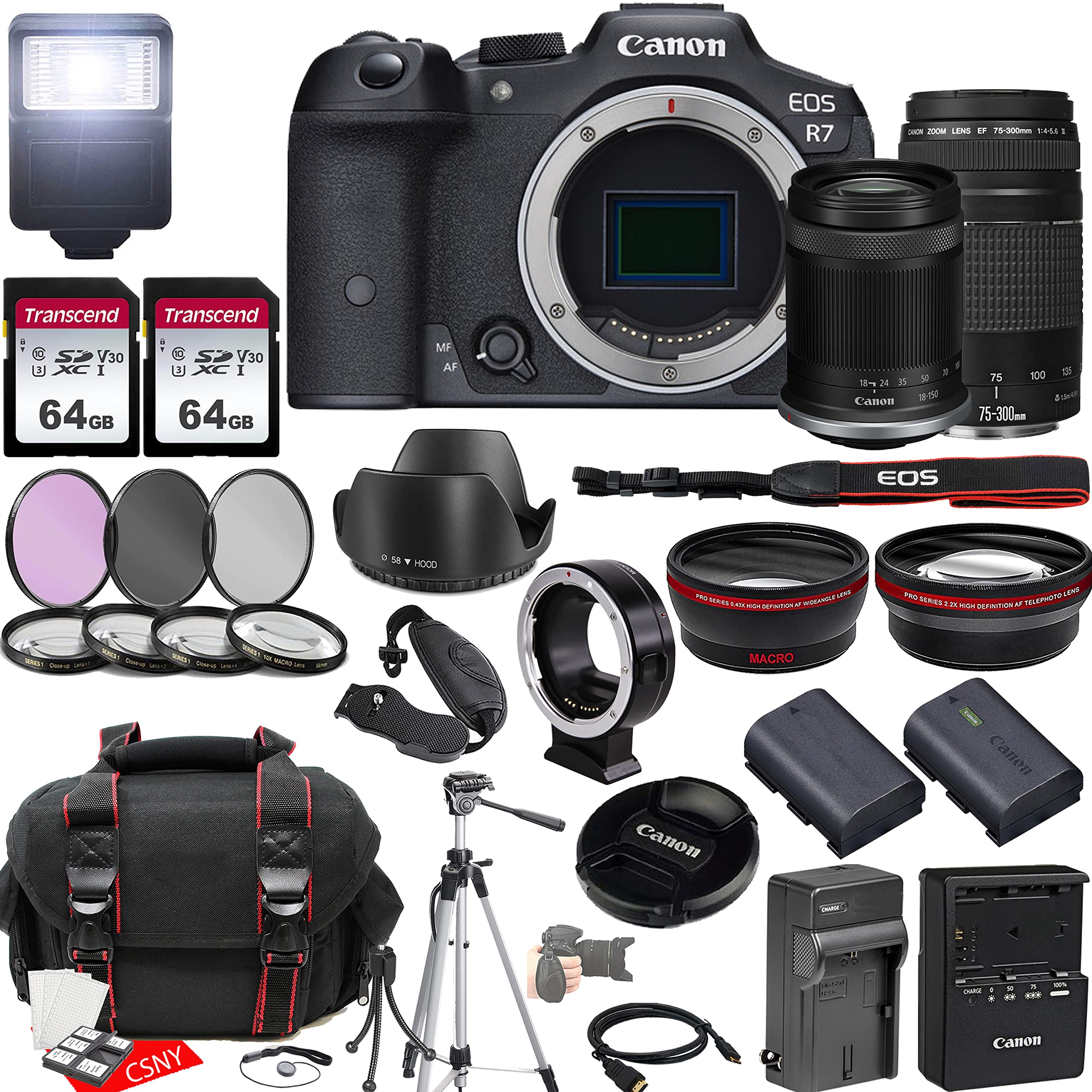 Canon EOS R7 Mirrorless Camera w/RF-S 18-150mm f/3.5-6.3 is STM Lens + EF 75-300mm f/4-5.6 III Lens + 2X 64GB Memory + Hood + Case + Filters + Tripod & More (35pc Bundle)