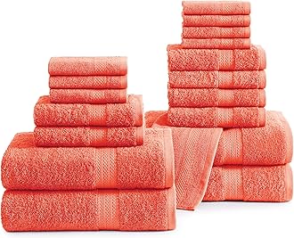 100% Cotton Bath Towel Set - 18 Pieces - Supreme Absorbency, Ring Spun tech, Gentle on Skin - 4 Bath, 8 Wash Cloth, 6 Hand Towels - Warm Tone & Ideal for Trendy Bathrooms - Living Coral