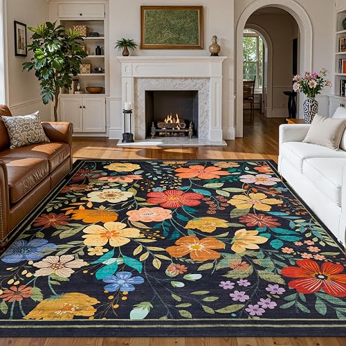 Ruaruarug Floral Washable Area Rug 8×10 (Black)