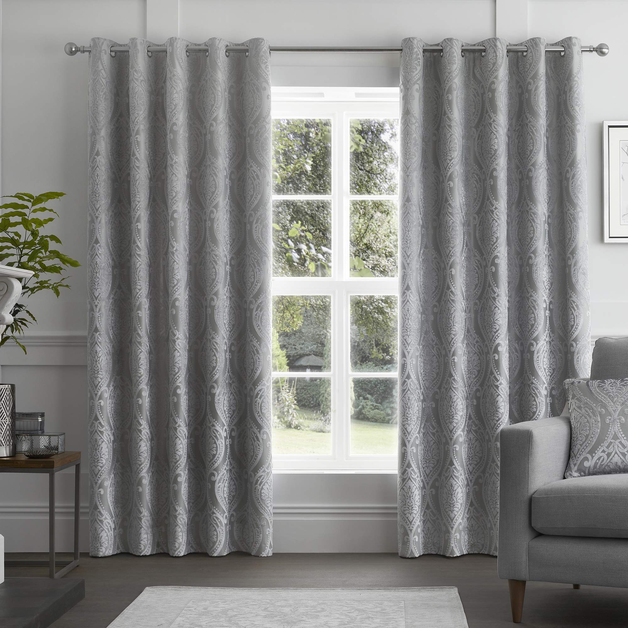 Curtina - Chateau - Jaquard Pair of Eyelet Curtains - 66" Width x 54" Drop (168 x 137cm) in Silver