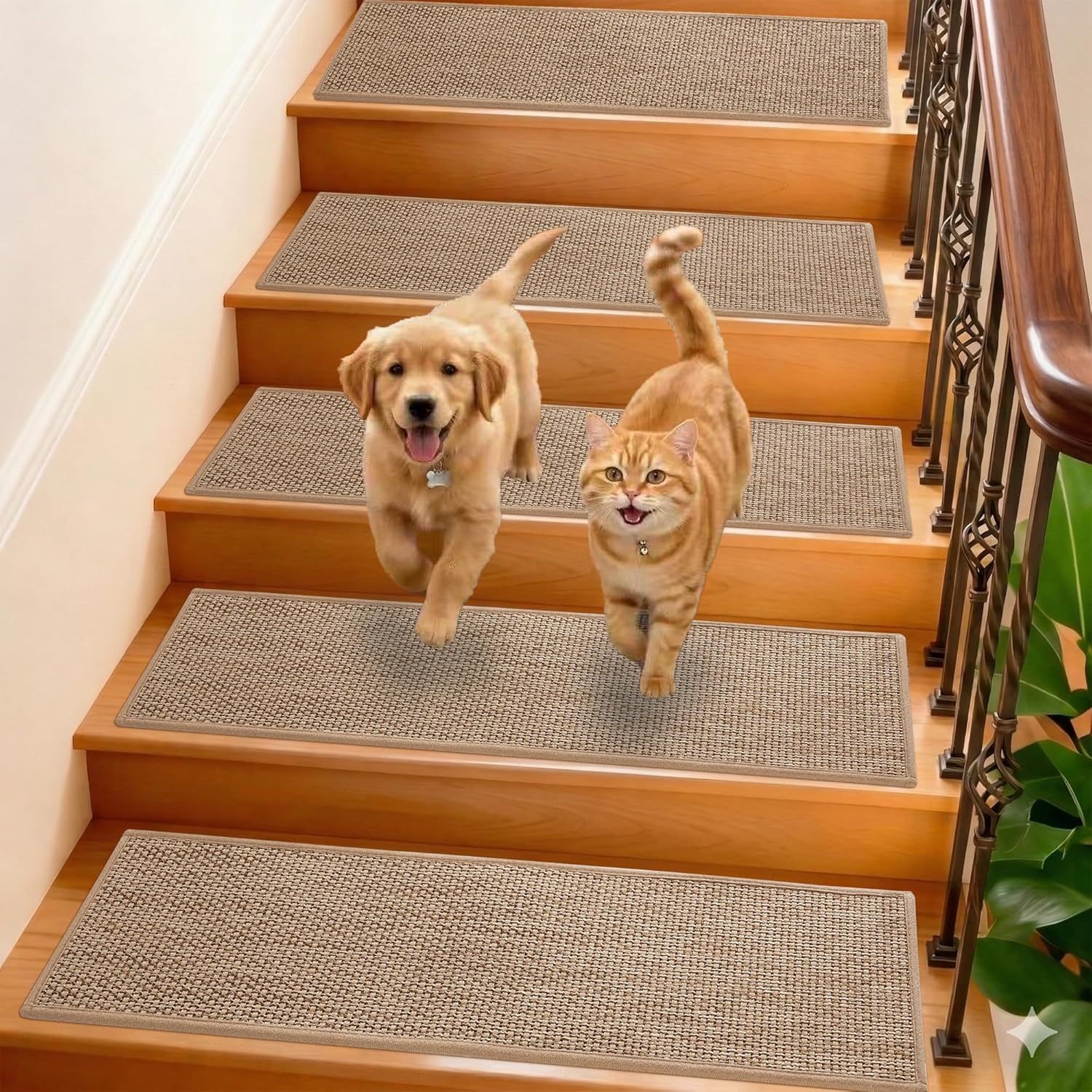 Linen Stair Treads for Wooden Steps Indoor 30x8 inch, 15pcs Upgraded Self Adhesive Backing Non Slip Stair Carpets, Peel and Stick Stair Runner Rugs, Reusable Staircase Step Treads(Beige)