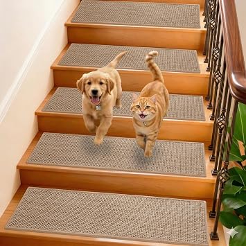 GROWLING Linen Stair Treads for Wooden Steps Indoor 36x9 Inch, 7 Pcs | Self Adhesive Backing Non Slip Stair Carpets, Peel and Stick Stair Runner Rugs, Reusable Staircase Step Treads, Beige