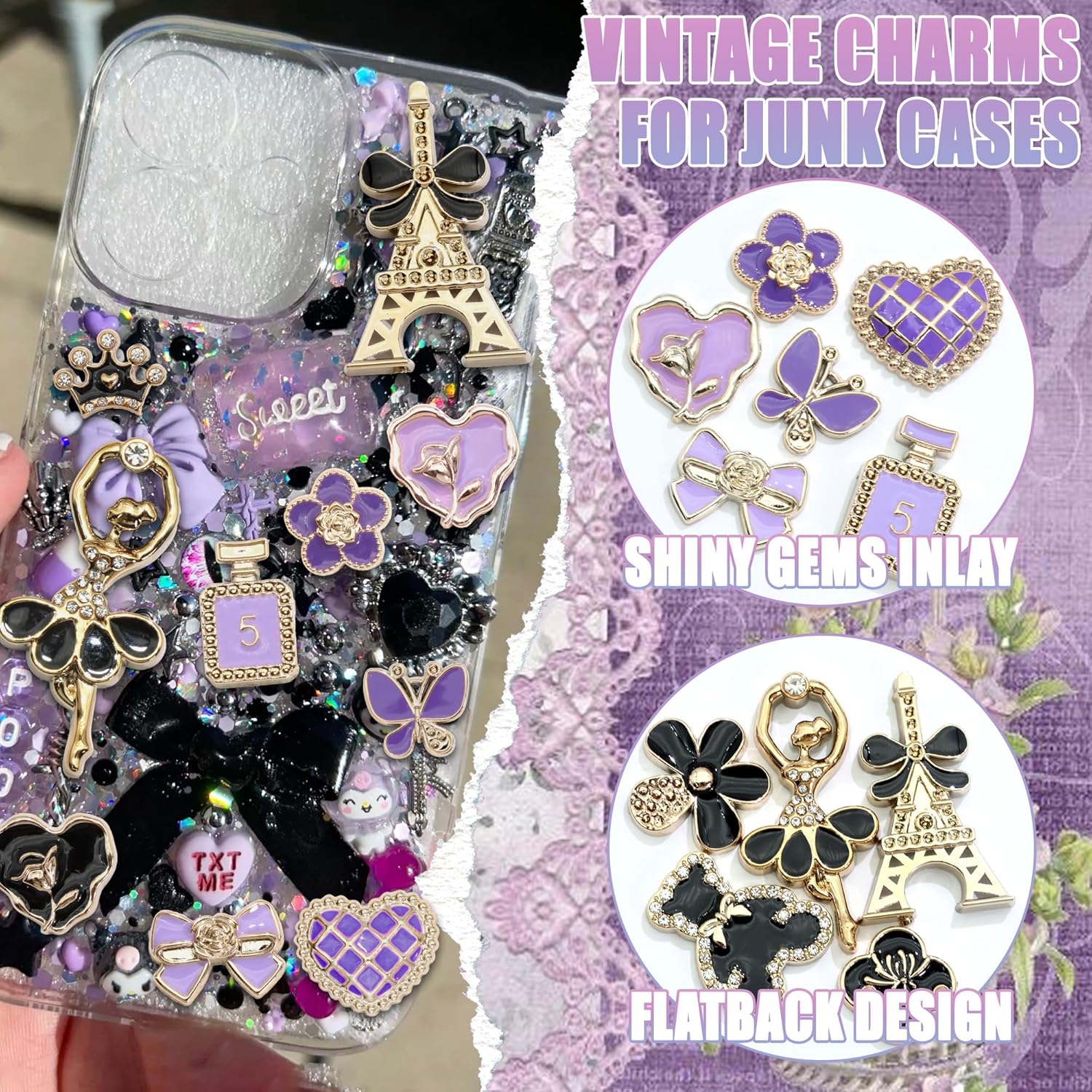 BELICEY Junk Case Charms Gold Black Bow Flower Junk Phone Case Kit Elegant Purple Butterfly Heart Big Charm for Junk Cases 3D Bear Rose Flatback Pearls for Customizing DIY Craft - Image 3