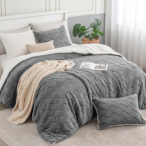 Miniatura 3 de BEDELITE Juego de edredón mullido tamaño Queen, edredón gris sherpa súper suave para cama tamaño Queen, juego de ropa de cama cálido de lujo para