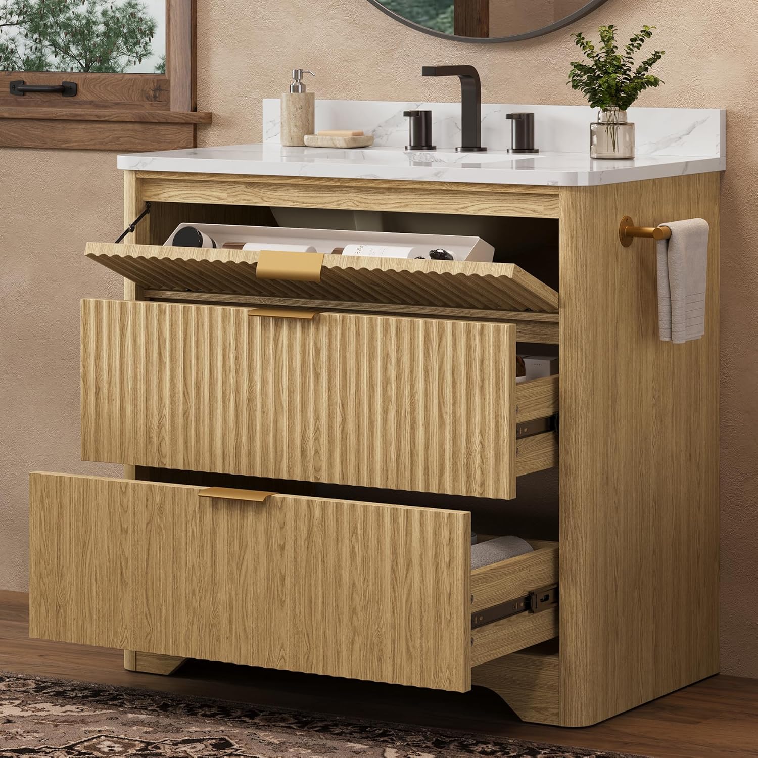 IRONCK 36 inch Bathroom Vanity with Ceramic Sink, Freestanding Wood Grain Sink Cabinet with 3 Storage Drawers (2 Standard + 1 Flip-Down), Farmhouse