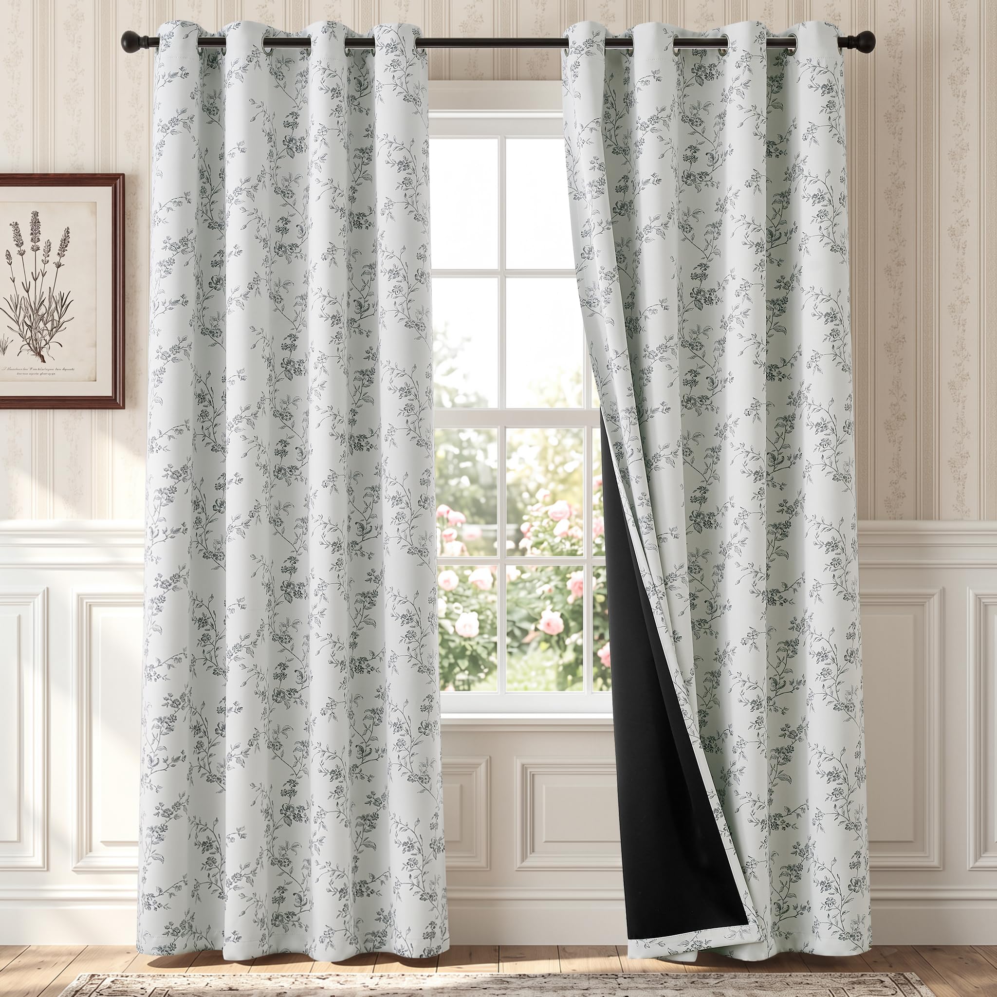 TOPICK Floral 100% Blackout Curtains for Bedroom Living Room W52xL84 Grey — image 1