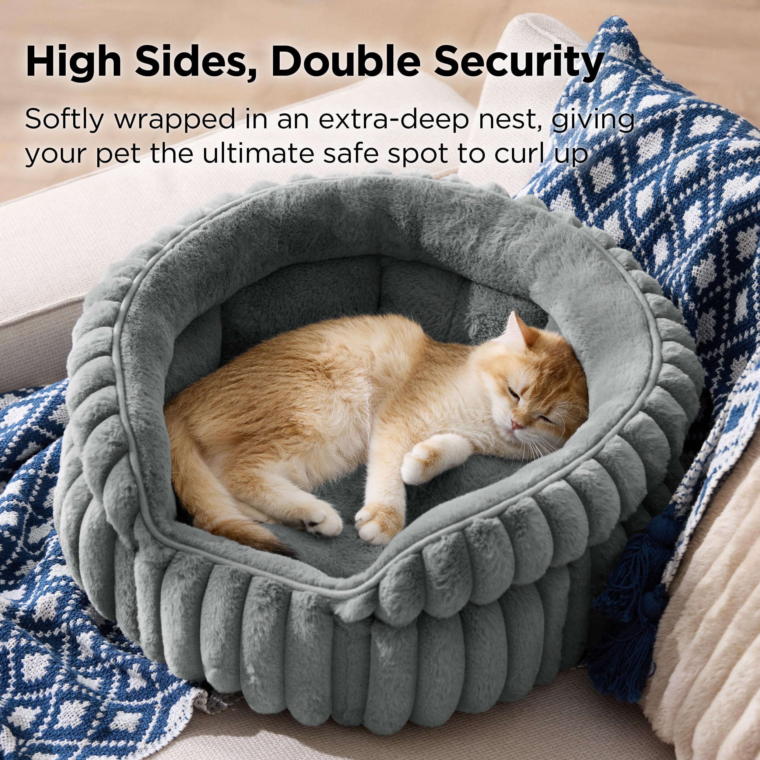 Bedsure Cama Gato Cama Cachorro Lavable Pana Polar, 51x51cm | Cama Gatito Redonda Estilo Abrazo Sueño Profundo Bordes Altos, Cojín Extraíble Reversible, Antideslizante, Gris