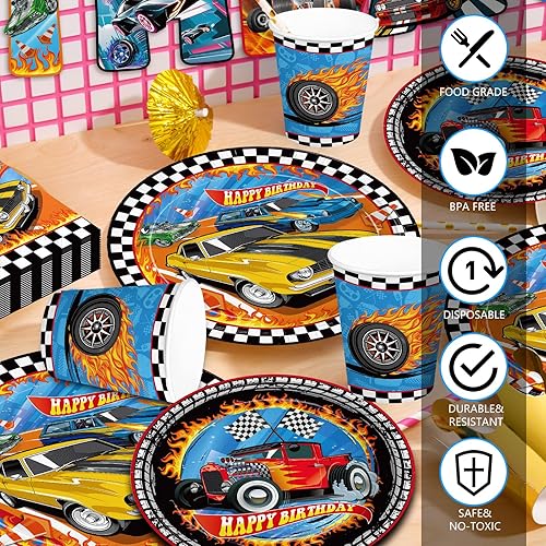 Vista 3 de 194 piezas de suministros de decoración de fiesta de cumpleaños con motivos de autos de carreras, platos, servilletas, banderines, mantel, vasos