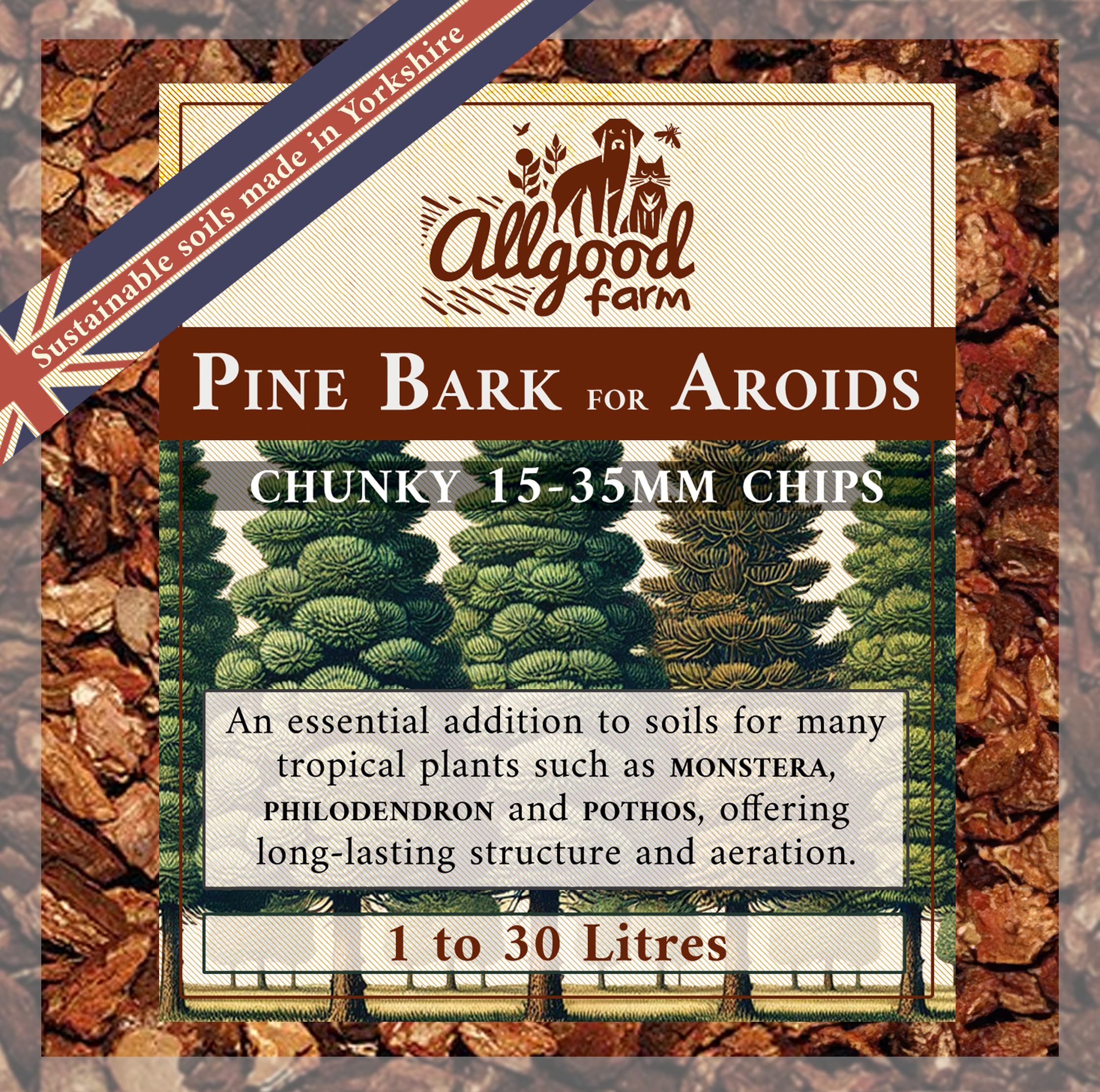 Allgood Farm Premium Chunky Pine Bark - Coarse Grade 15-35mm British Bark Mulch for Aroids, Soils & Bedding (10 Litres)