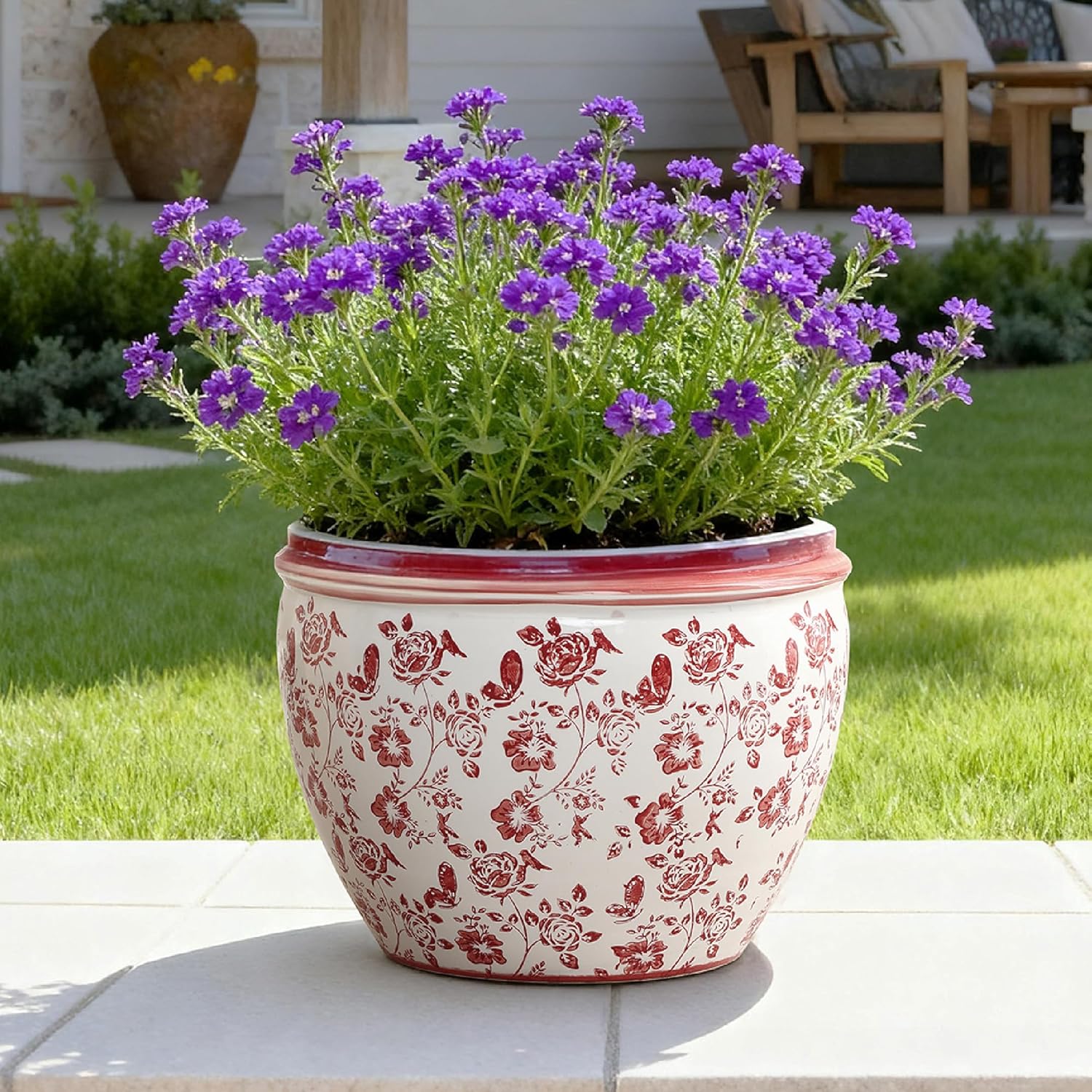 LuxenHome 12" Dia Round Ceramic Pots for Plants, Modern Red Floral Glazed Planters Pots with Drainage Holes and Rubber Plugs, Large Outdoor Indoor Decorative Flower Pot for Home Garen Patio Porch