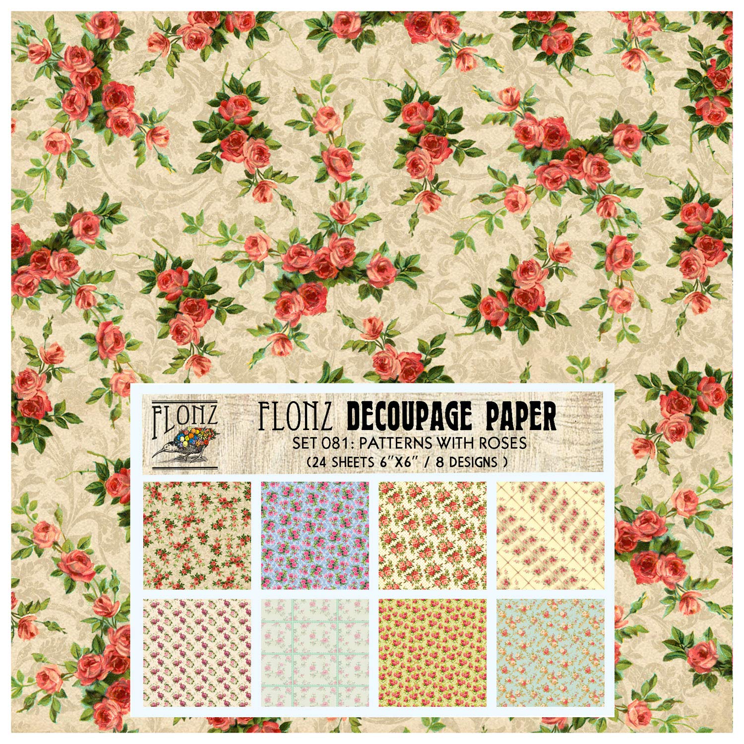Flonz Decoupage Paper Pack (24 Sheets 6"x6") Patterns with Roses Vintage Styled Paper for Decoupage, Craft and Scrapbooking