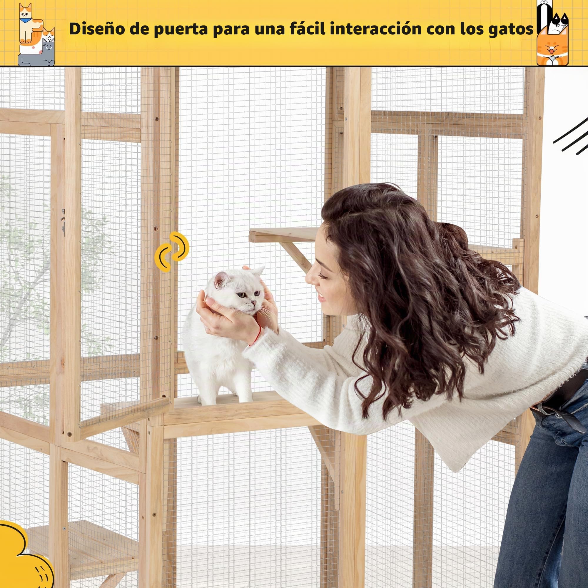 Recinto para gatos de 100 × 85 × 162 cm, resistente a la intemperie, para exteriores, casa para gatos Catio para balcón y jardín, recinto de madera con toldo, 3 niveles y hamaca