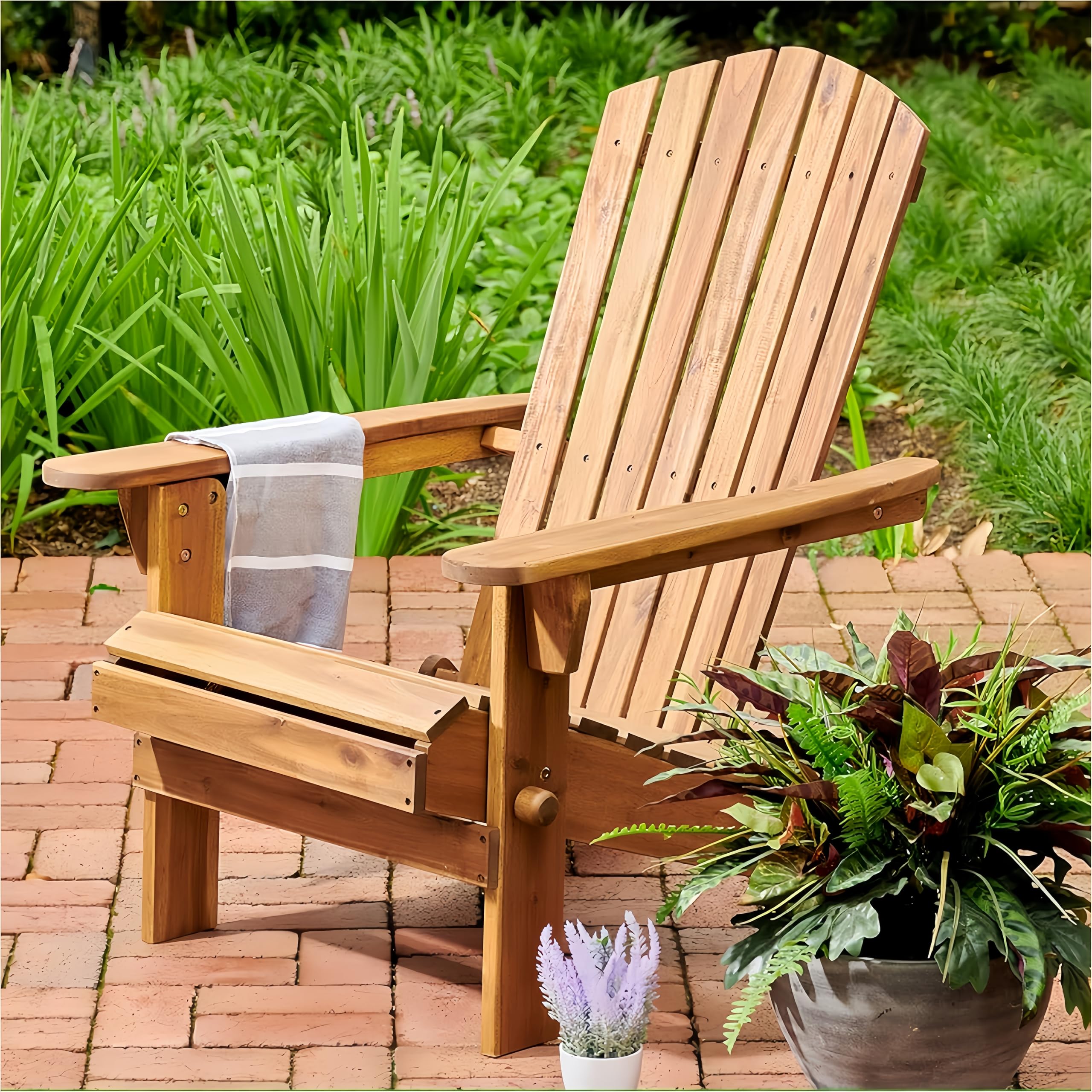 Silla Adirondack de madera maciza natural, silla plegable para hoguera para césped, jardín, patio, balcón y exteriores, sillas de jardín Adirondack plegables con reposabrazos anchos y