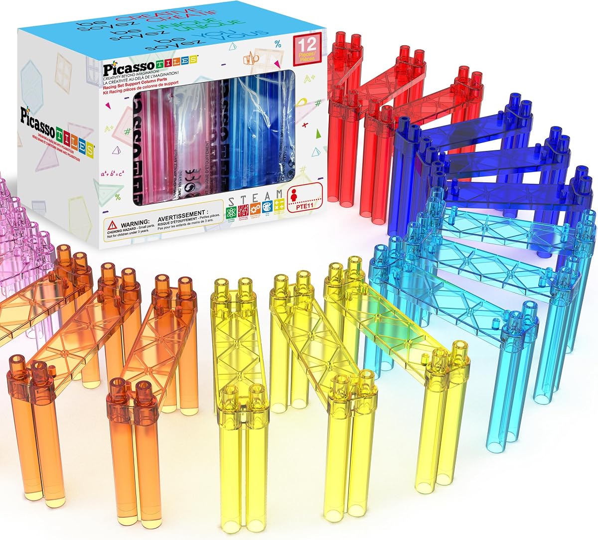 Paquete de soporte de expansión de columna de soporte de 12 piezas para pista de carreras magnética, kit de construcción de bloques de construcción de azulejos magnéticos, juguete educativo para niños y niñas, rompecabezas STEM, juguete para niños, niñas y niños pequeños 3+ PicassoTiles | Agrega altura instantánea, diseño simple para apilar y jugar, aumenta el razonamiento espacial para niños de 3 años en adelante, no es tóxico y no contiene BPA.