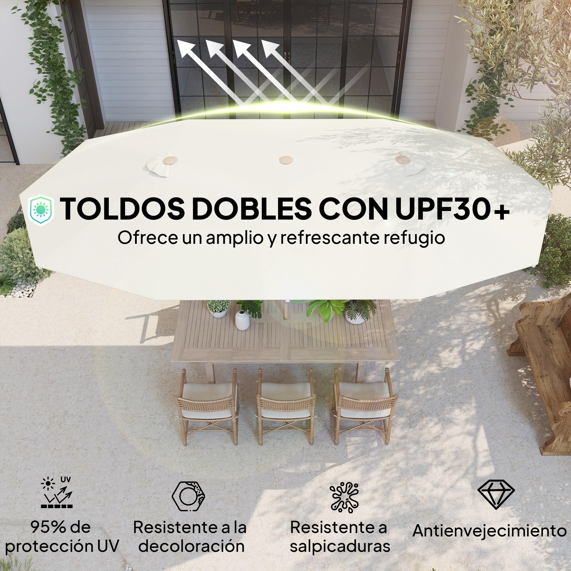 Outsunny Sombrilla Doble 4,6x2,7 m Sombrilla Terraza Exterior con Manivela Manual Resistente al Agua y Protección Solar Parasol Grande para Terraza Playa Piscina
