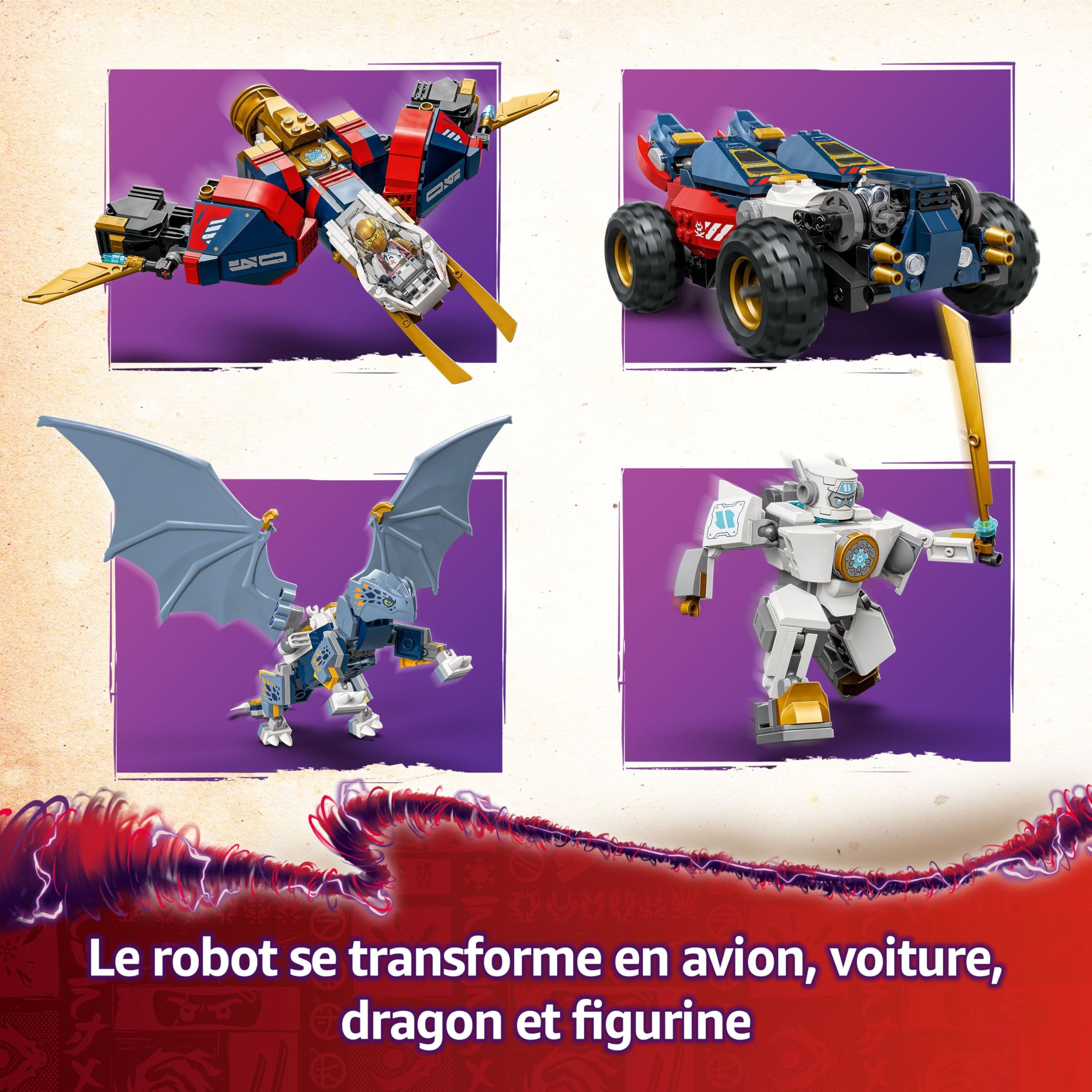 LEGO Ninjago Le Robot Ultra Combo de Zane - Jeu de Construction 4-en-1 avec Voiture, Avion, Dragon et 6 minifigurines - Idée Cadeau pour garçons et Filles dès 9 Ans Amateurs de la série TV 71834