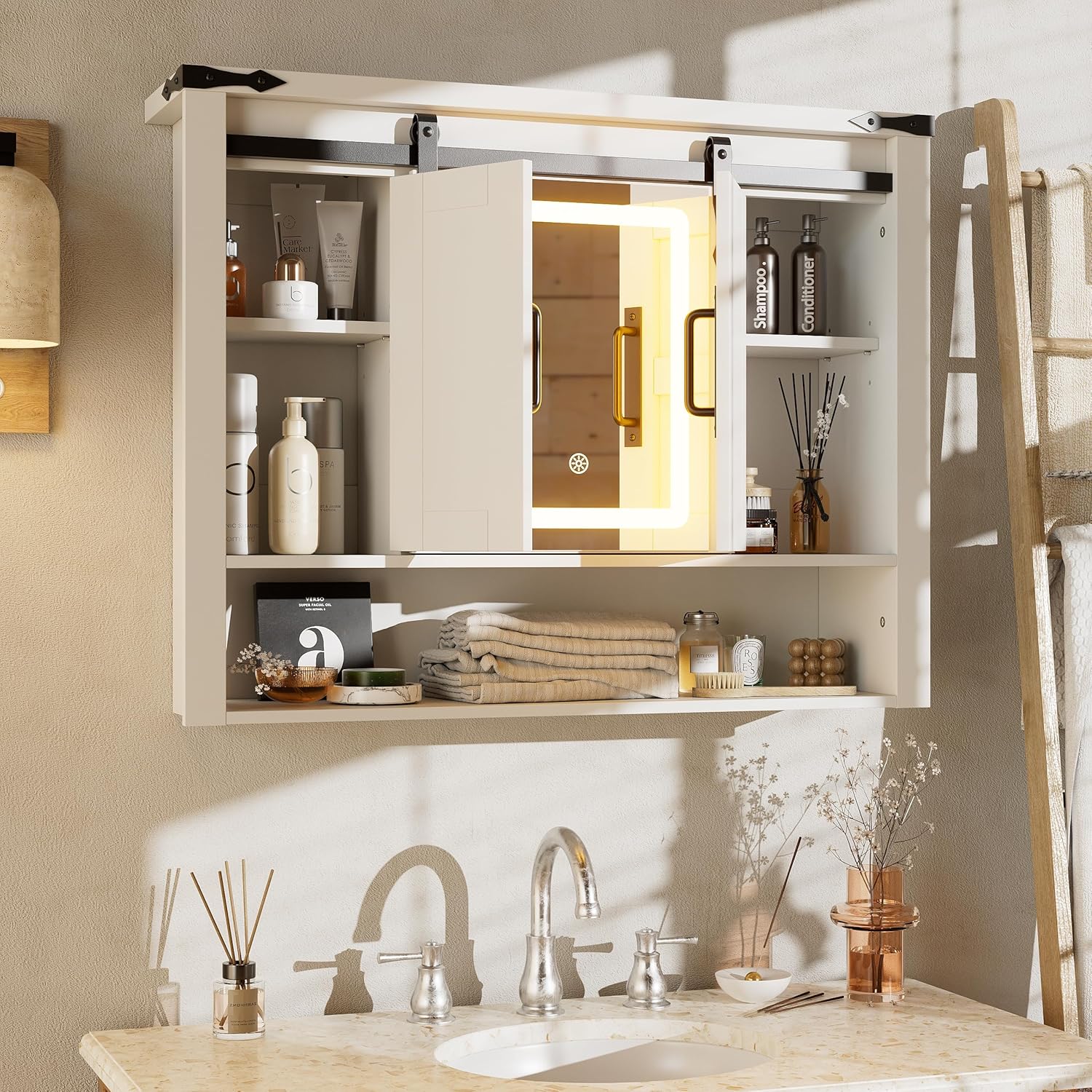 Bathroom Medicine Cabinet with Mirror, Wall Mounted Medicine Cabinet with Color Adjustment LED Lights, Mirrored Over The Toilet Storage Cabinet with Sliding Barn Door & 2 Adjustable Shelf,White