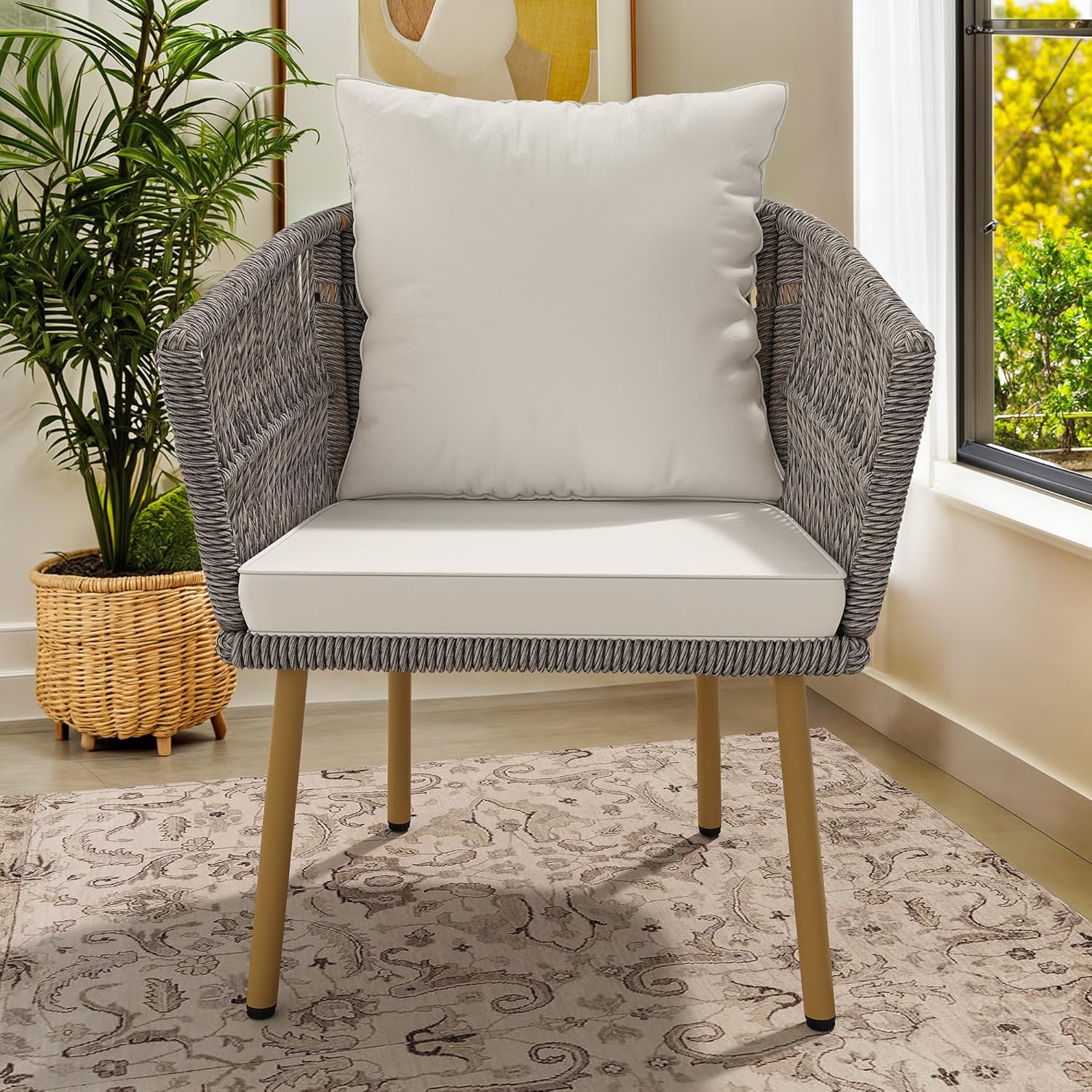 DWVO Patio Furniture Set 4 Pieces Boho Wicker Bistro Set, All Weather Outdoor Rattan Conversation Set with Loveseat Chairs Table Soft Cushions for Backyard, Pool, Garden - Grey