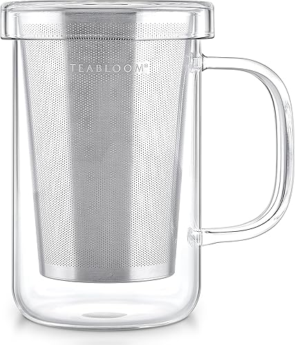 Teabloom Taza de vidrio de borosilicato prémium con infusor de té de hojas sueltas de acero inoxidable y tapaplato, 12 onzas (11.8 fl oz)