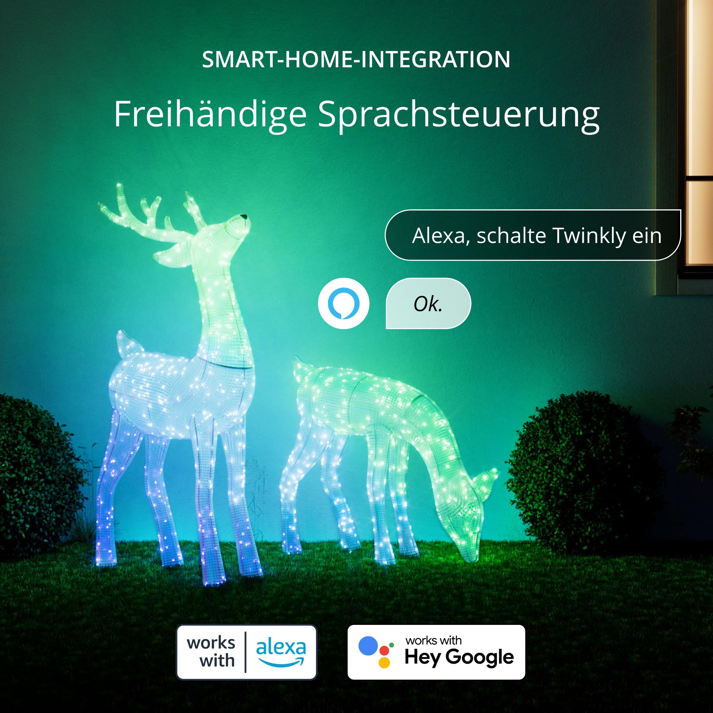 Twinkly Reindeers, LED-Leuchten in Rentierform für den Außenbereich, 160 RGB-LEDs und Warmweißes Licht, Höhe 75 cm, Kompatibel mit Alexa und Google Home, IP44, App-Steuerung, Weihnachtsbeleuchtung
