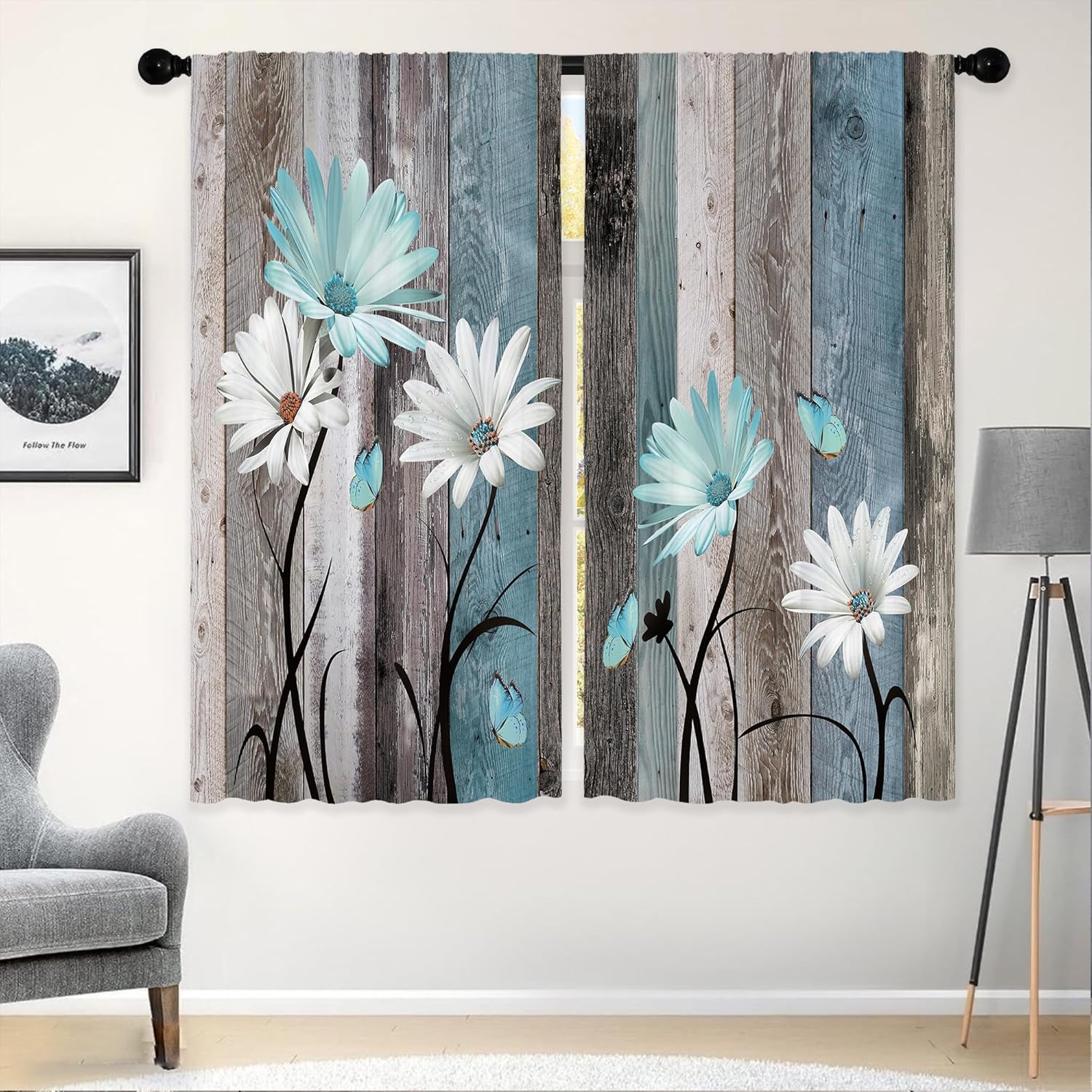 Teal Farmhouse Daisy Curtains, Wooden Flower Window Curtains 42x45 Inch for Bedroom Living Room Decor, Rustic Floral Butterfly Country Drapes Treatment Draperies Fabric Rod Pocket (2 Panels