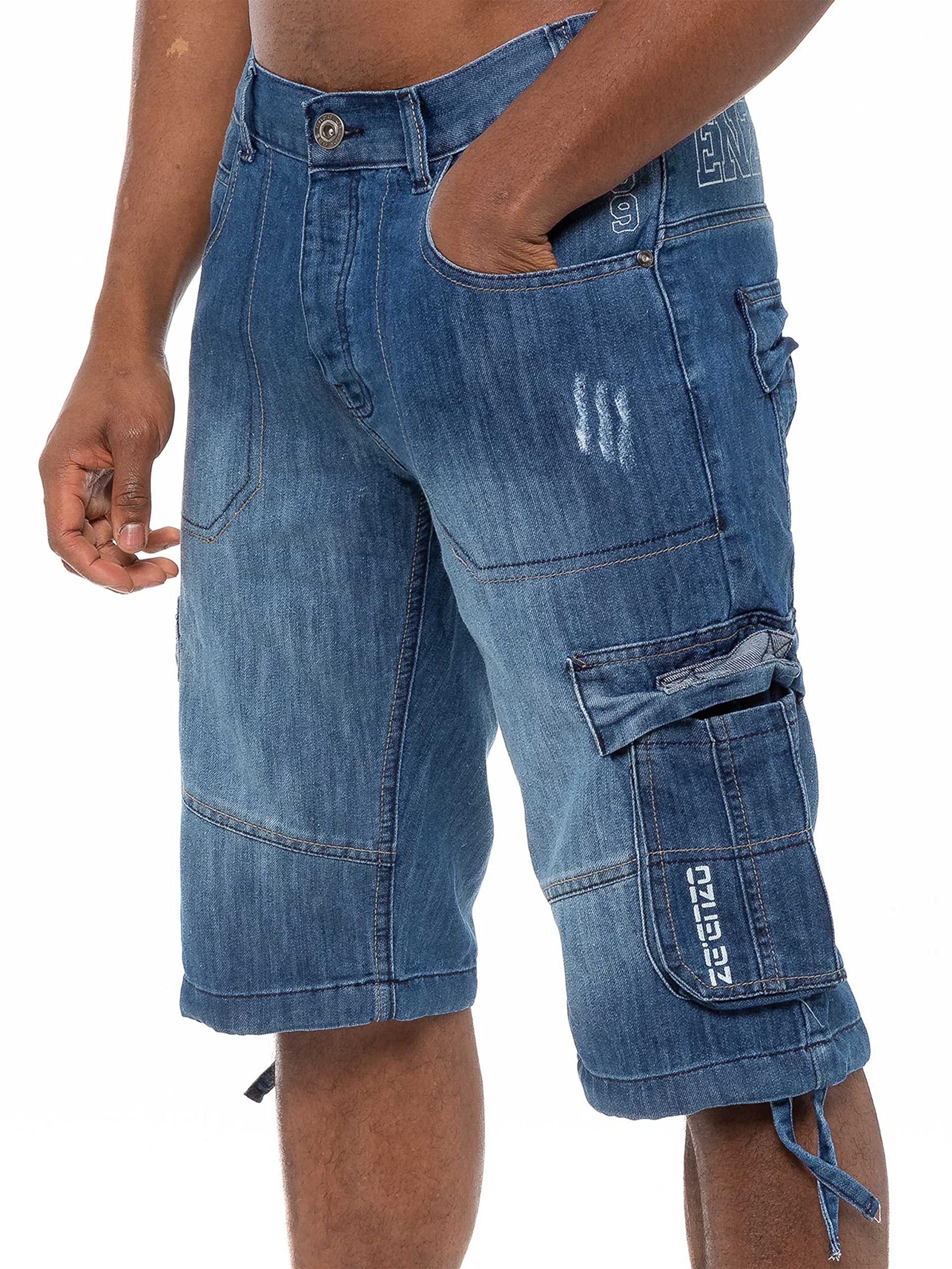 Enzo Jeans Hommes Coupe Skinny Short Délavé Déchiré Demi Pantalon Taille