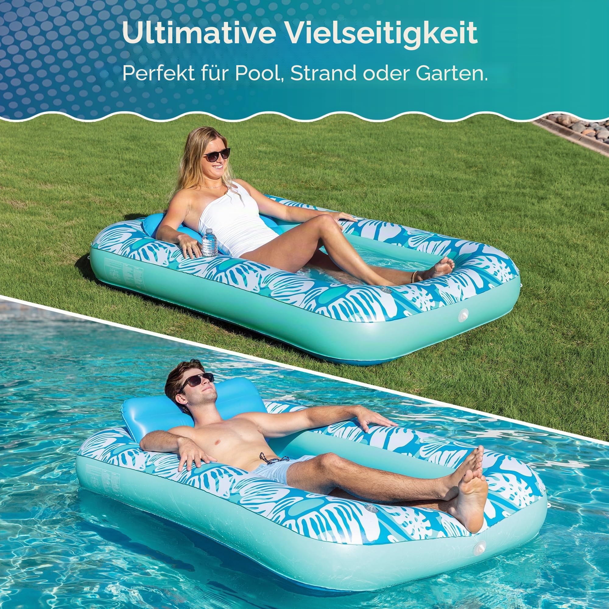 Aqua Aufblasbare Sonnenliege, Premium Pool Float mit Becherhaltern und abnehmbarem Kissen für Entspannung und Spaß