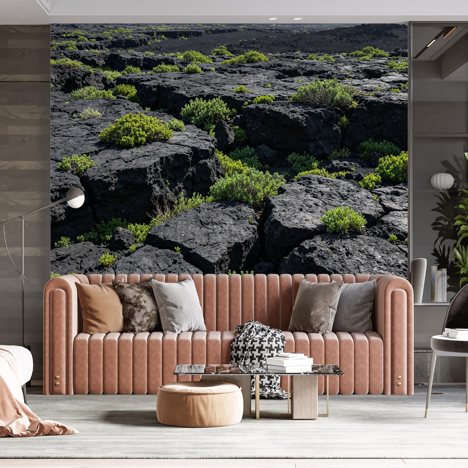 Murale Panoramico in Pietra Lavica Nera, Carta da Parati in Vinile Denso Resistente Impermeabile Autoadesiva per Paesaggi Vulcanici Naturali e Rimosso, 400×280Cm (157×110inch)