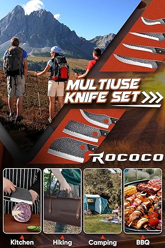 Miniatura 5 de ROCOCO Juego de 13 cuchillos de carnicero para cortar carne, chef serbio, cuchillo vikingo con bolsa enrollable para cocina, al aire libre,