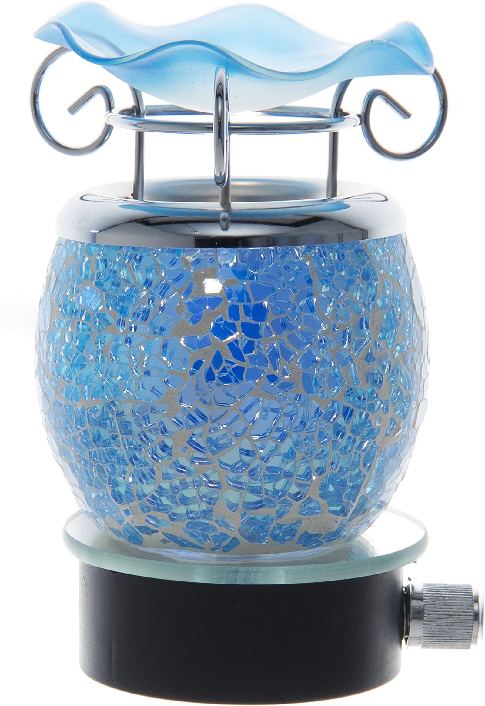 Variation Color Cracked Crystal Design Decorative Glass Electric Plug-in Fragrance Lamp Aromatherapy Oil Warmer/Burner Night Light in Gift Box # Mt-044 (Blue)