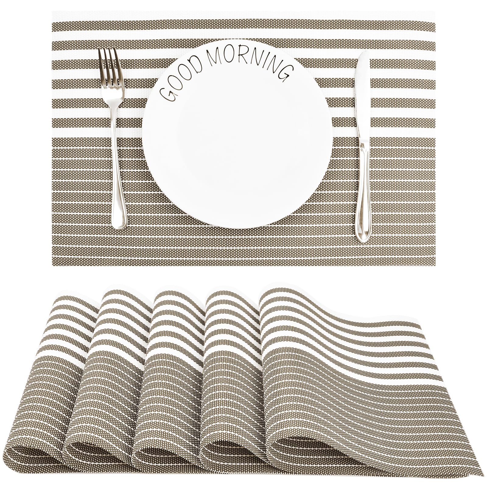 Tovagliette In PVC Lavabili Antiscivolo 6 Pezzi 45x30 Cm - Righe Marroni, Resistenti Al Calore E Antimacchia - 2
