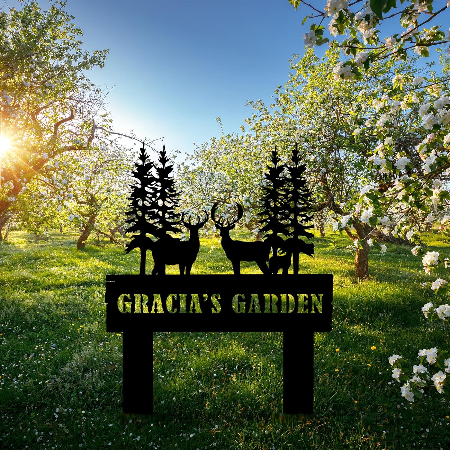 Personalized Deer Garden Sign with Stakes, Custom Metal Garden Decor, Large Deer Stake for Farmhouse, Metal Yard Art, Gift for Grandmother, Gift for Mom, Patio Garden Decorations, Housewarming Gift