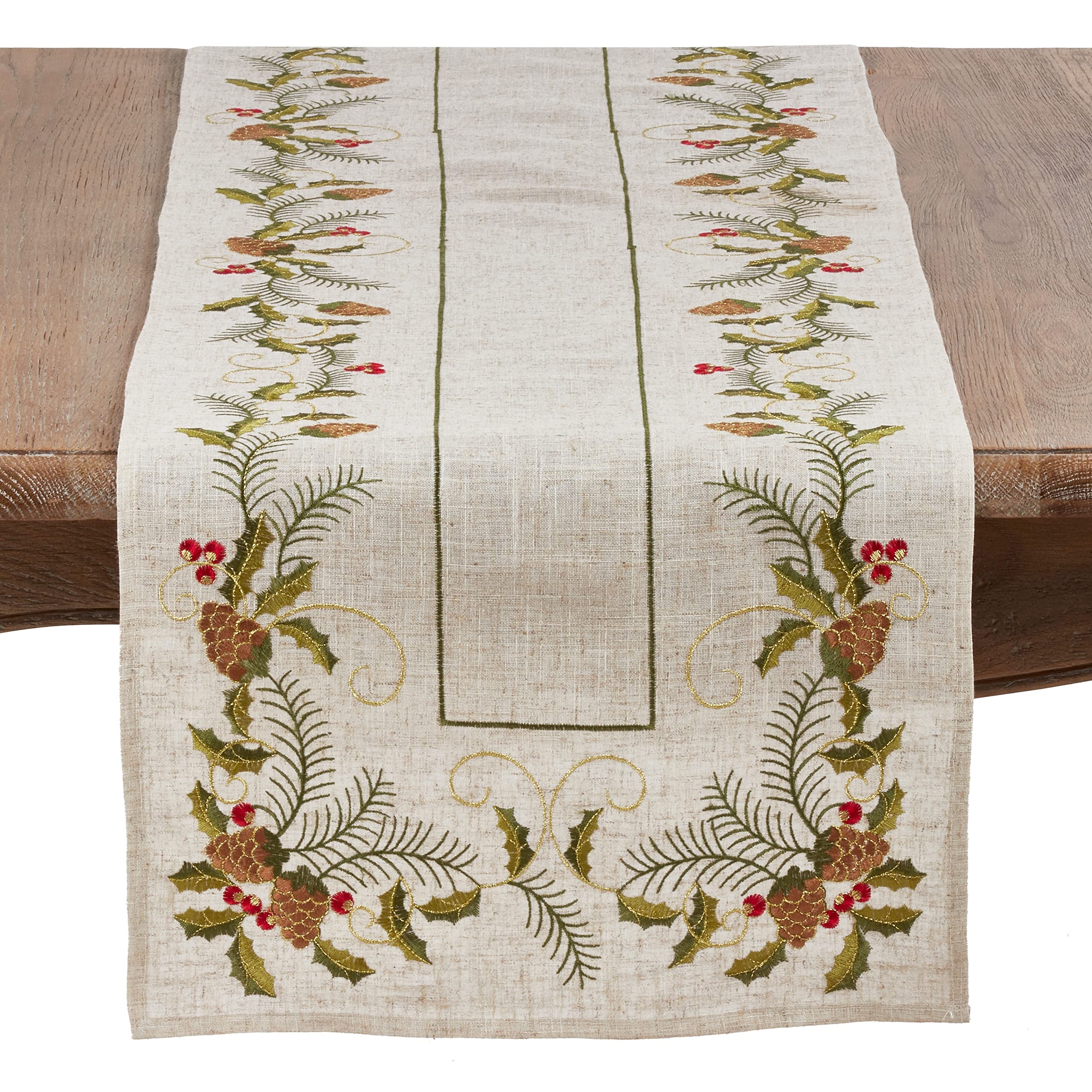 SARO LIFESTYLE 1851.N1690B Joyeuses Fêtes Collection Embroidered Pinecone and Holly Table Runner, 80% polyester-20% Linen, Natural