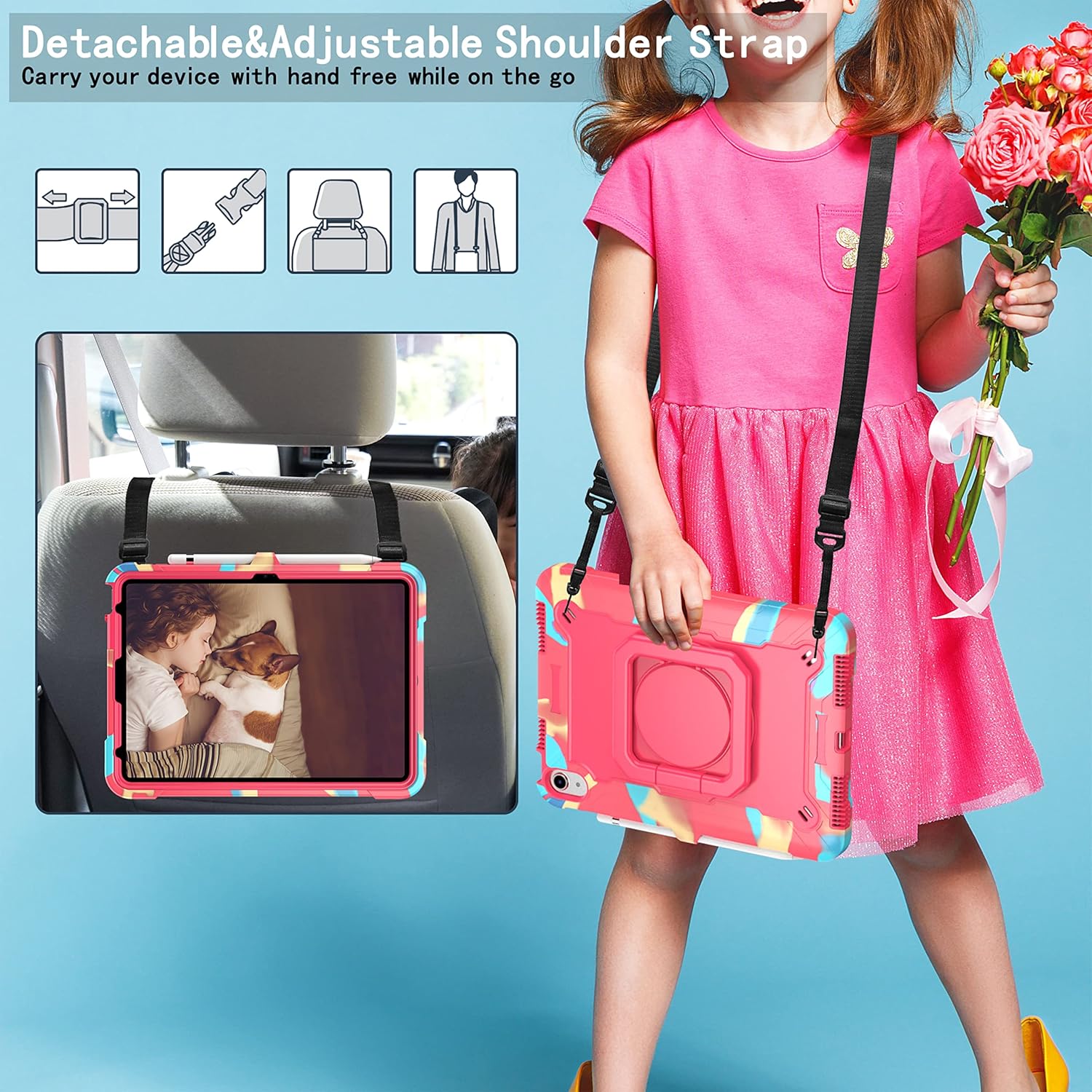 Case for iPad A16 11th Generation 11 inch 2025 & iPad 10th Generation Case 10.9 inch 2022 with Pencil Holder/Rotating Stand Handle/Shoulder Strap Shockproof Bumper Cover, Rainbow & Rose Red